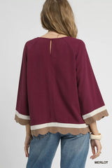Trendsi Umgee Scalloped Hem Color Block Top -