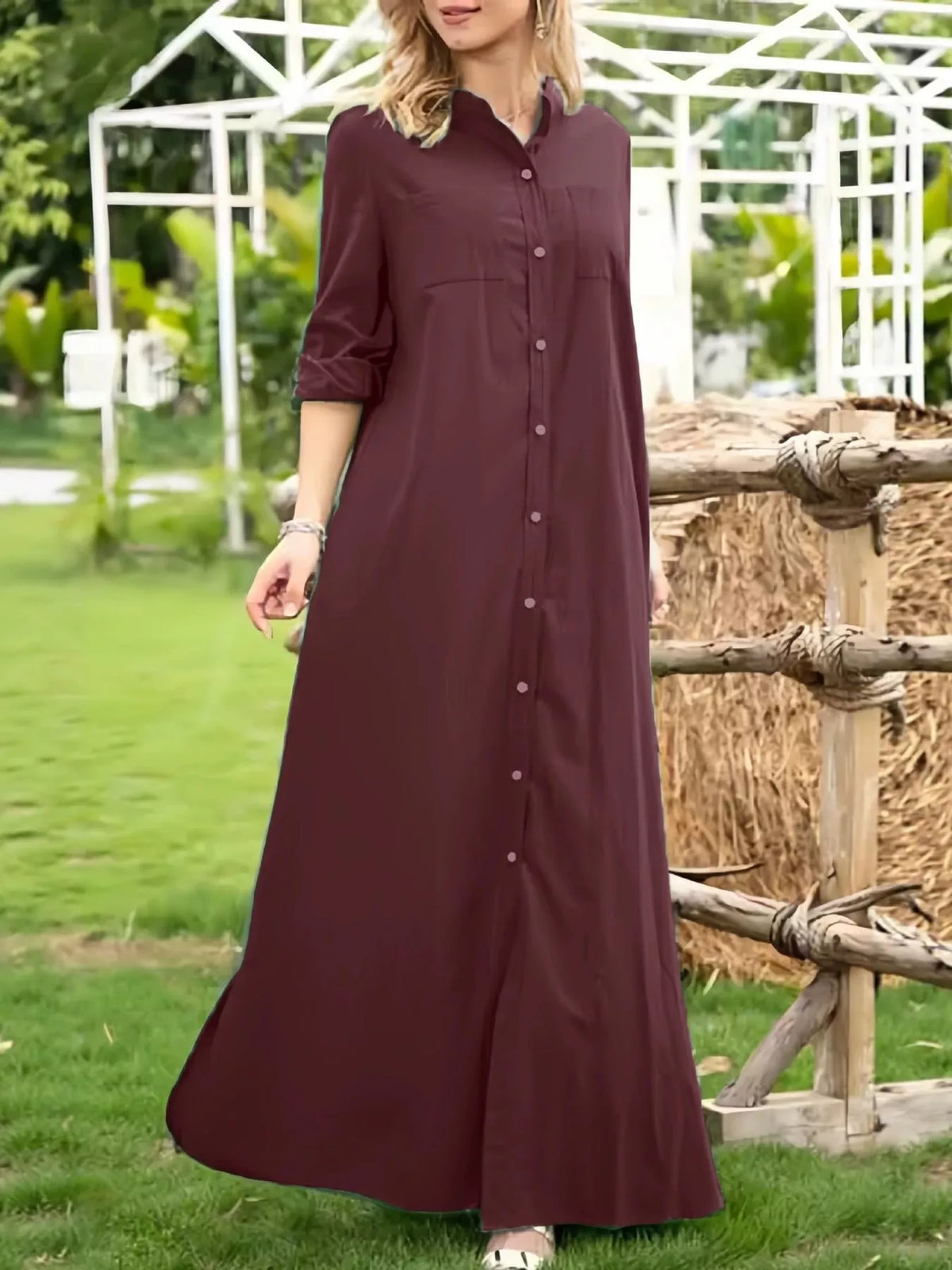Mandarin neck long sleeve maxi dress, front view on model