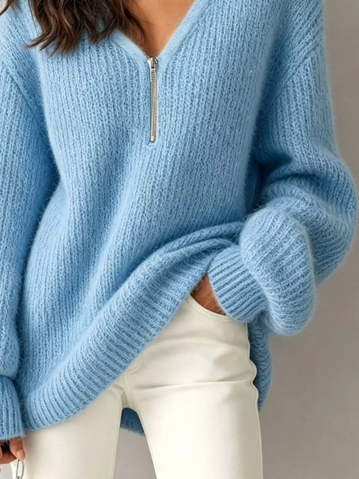 Quarter-zip sweater, blue knit detail