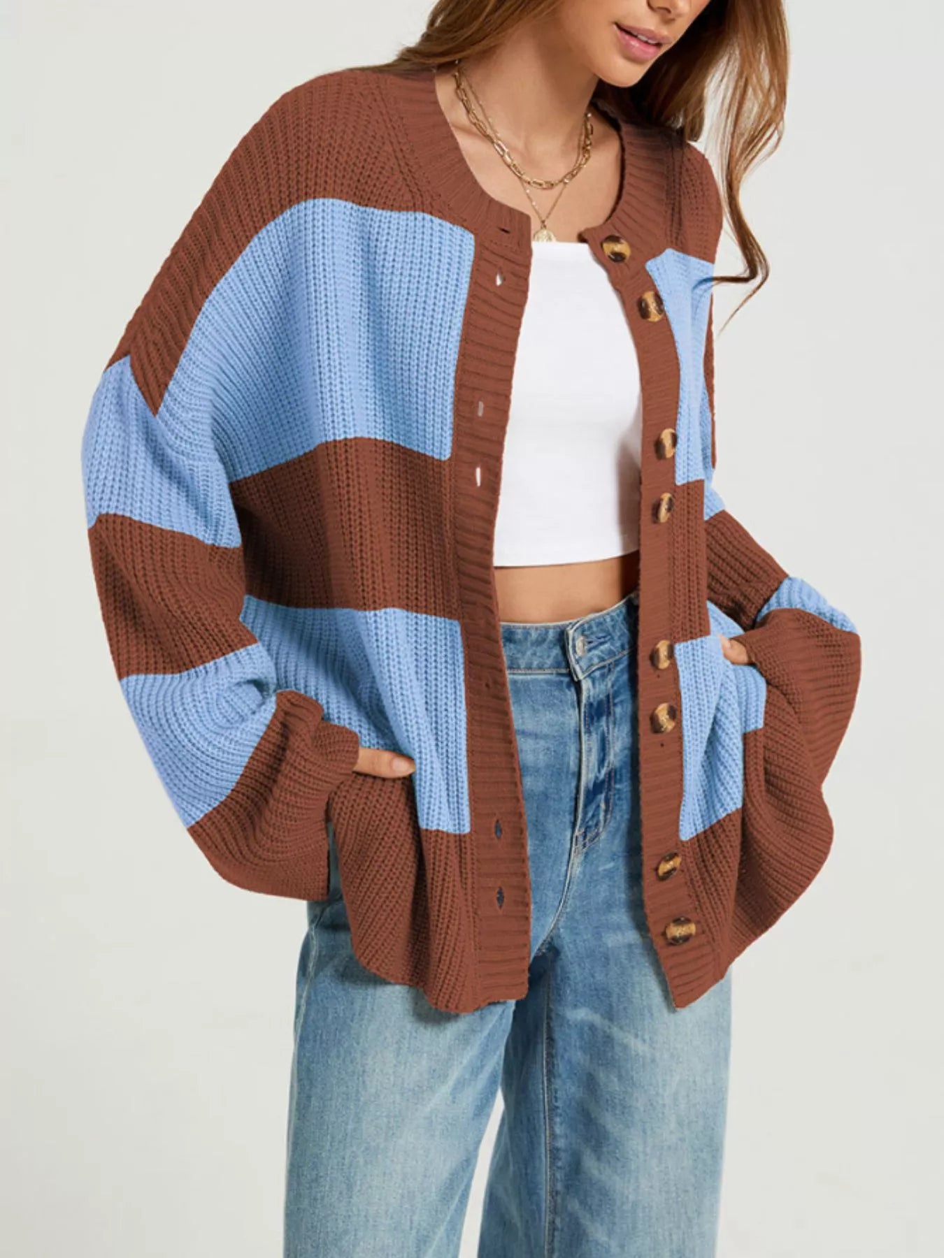 Trendsi Color Block Striped Button-Up Cardigan -