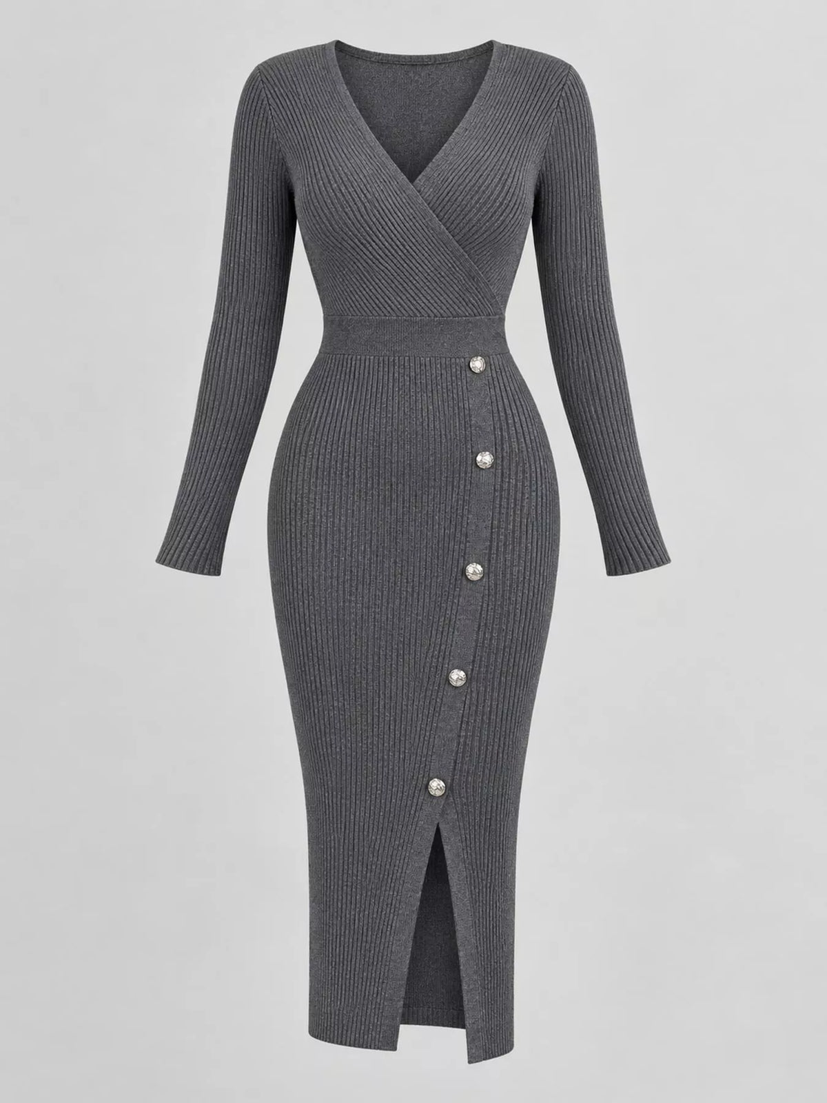Dark gray decorative button ribbed knit sweater dress, front view