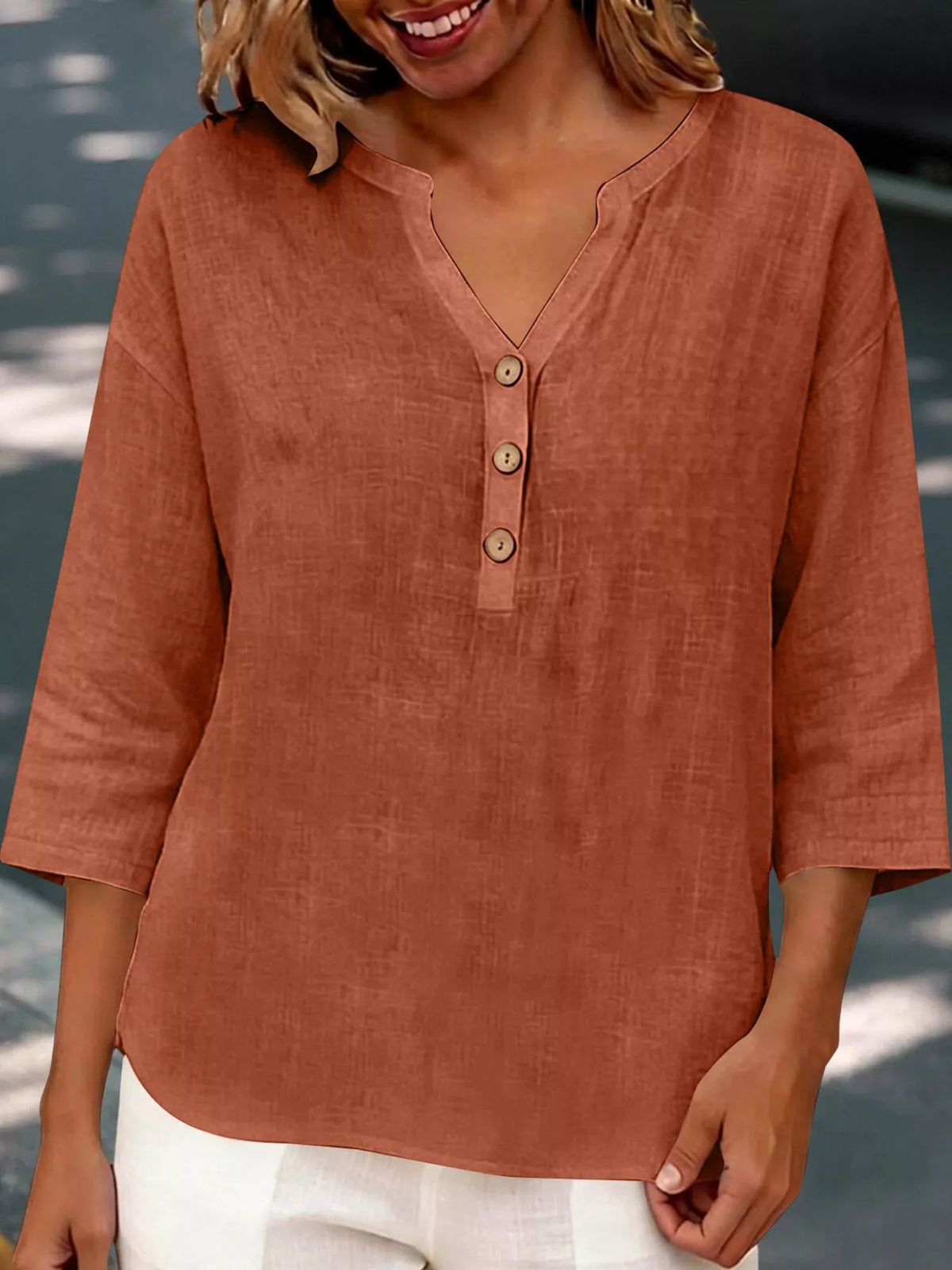Button Notched 3/4 Sleeve Blouse in rust, front view