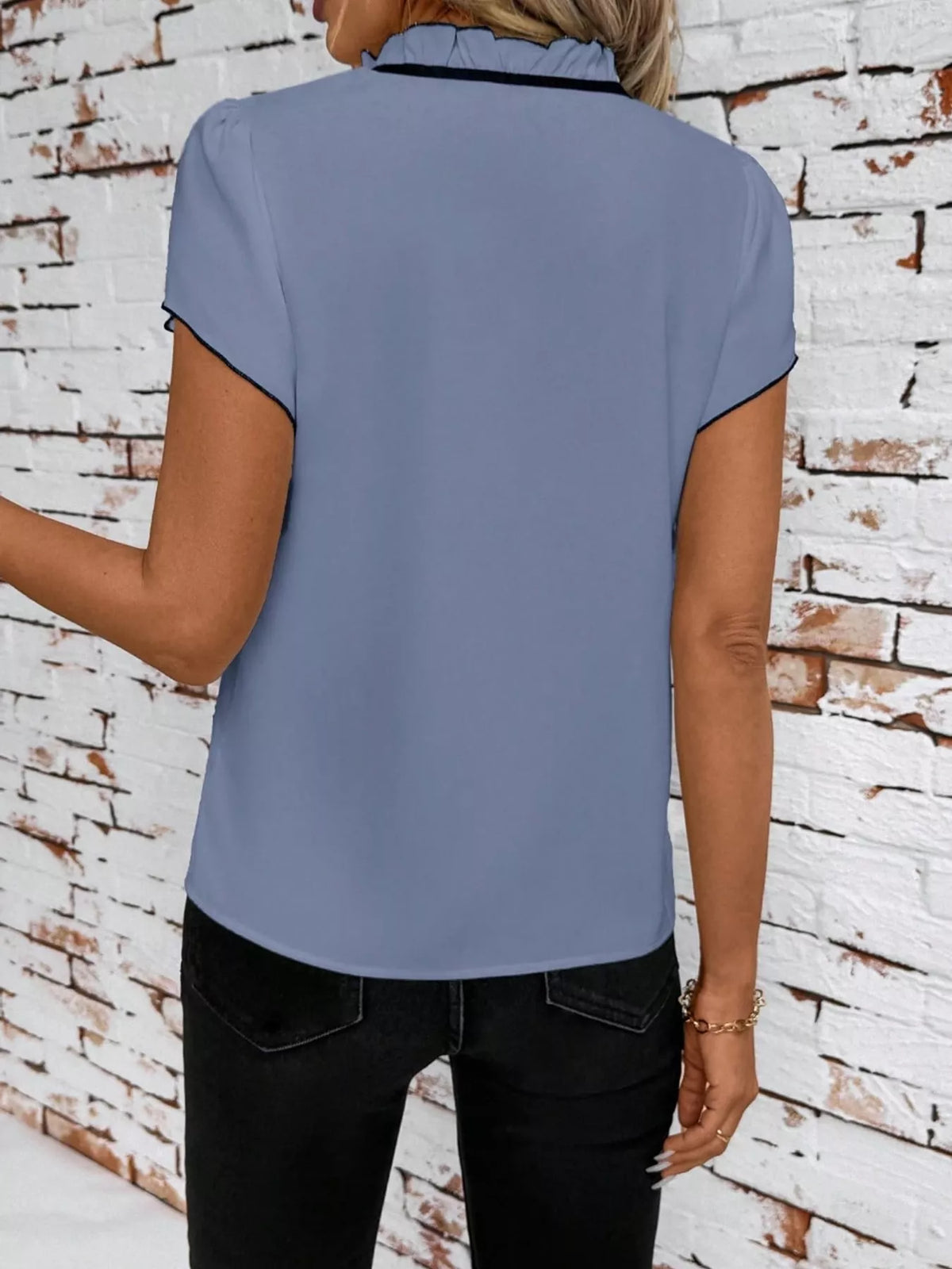 Contrast Trim Ruffle Sleeve Tie-Front Blouse, back view in blue and black
