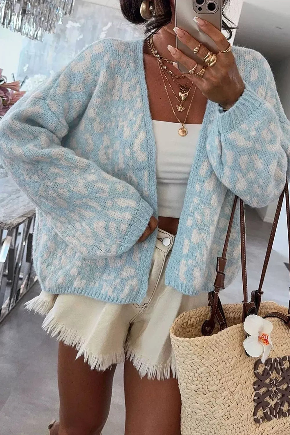 Trendsi Leopard Print V Neck Long Sleeve Loose Fit Knit Cardigan -