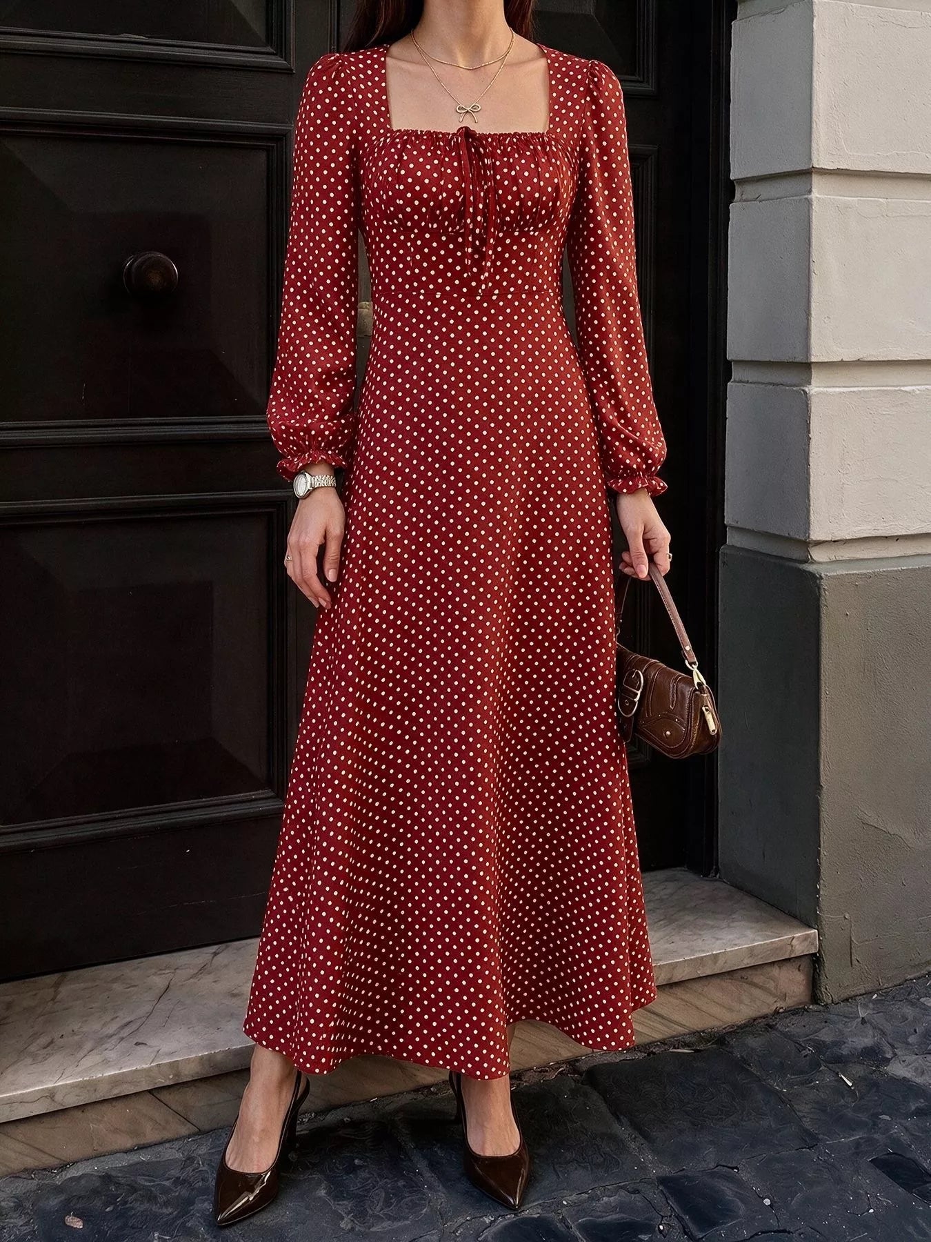 Trendsi Square Neck Polka Dot Long Sleeve Maxi Dress -