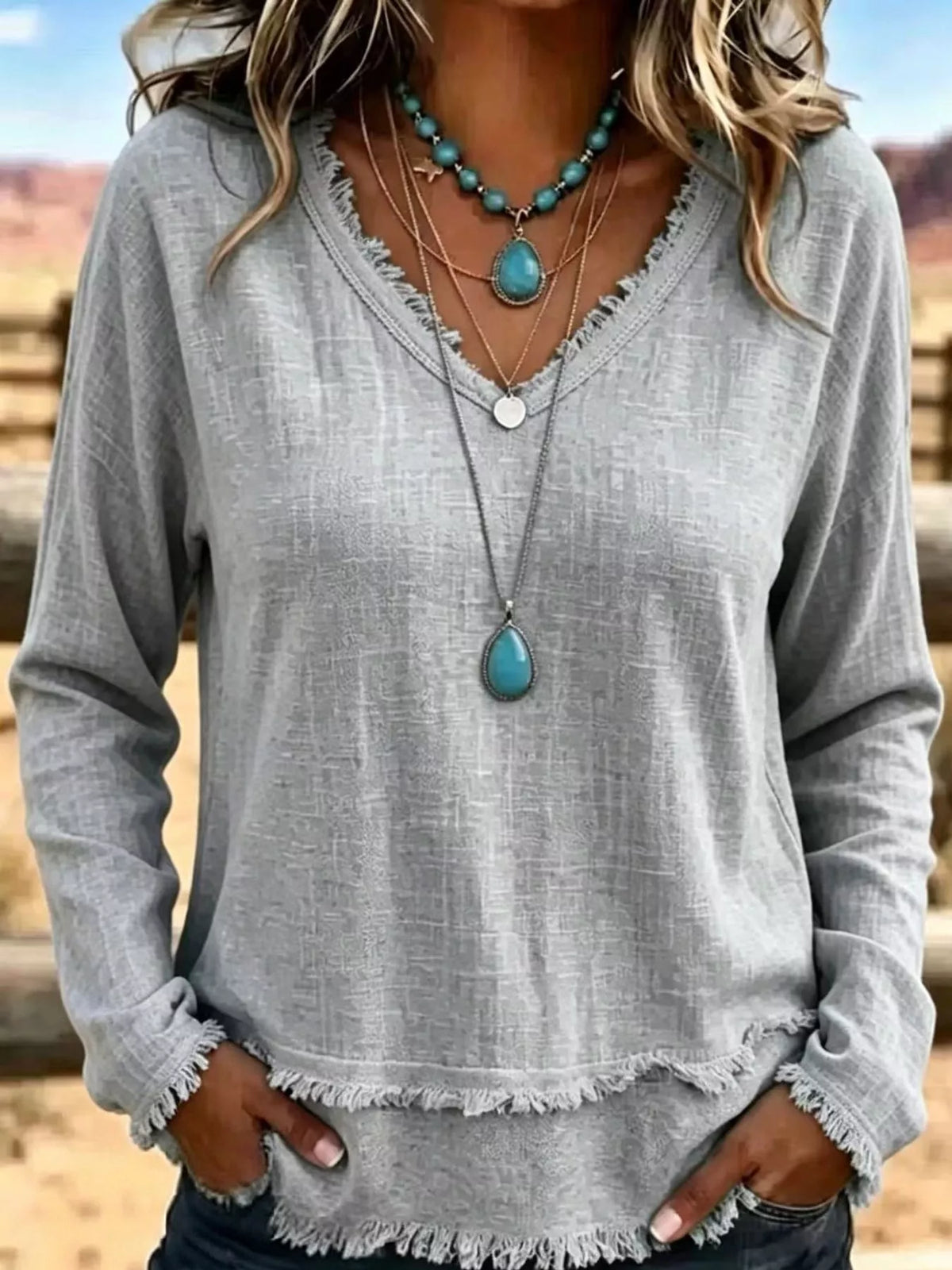 Frayed V-neck blouse, gray front