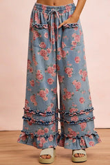Trendsi BiBi Washed Floral Denim With Ruffle Elastic Wide Pants - Pants