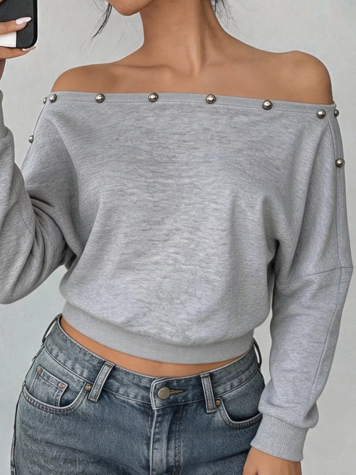 Studded Off Shoulder Long Sleeve T-Shirt in gray, front view