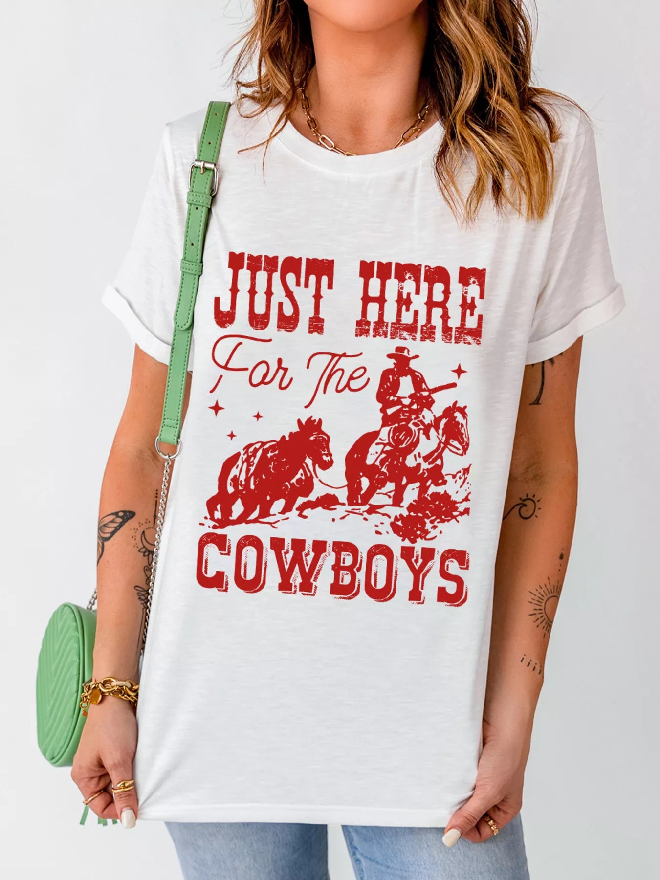 Trendsi JUST HERE For THE COWBOY Cuffed Sleeve Crew Neck T Shirt -