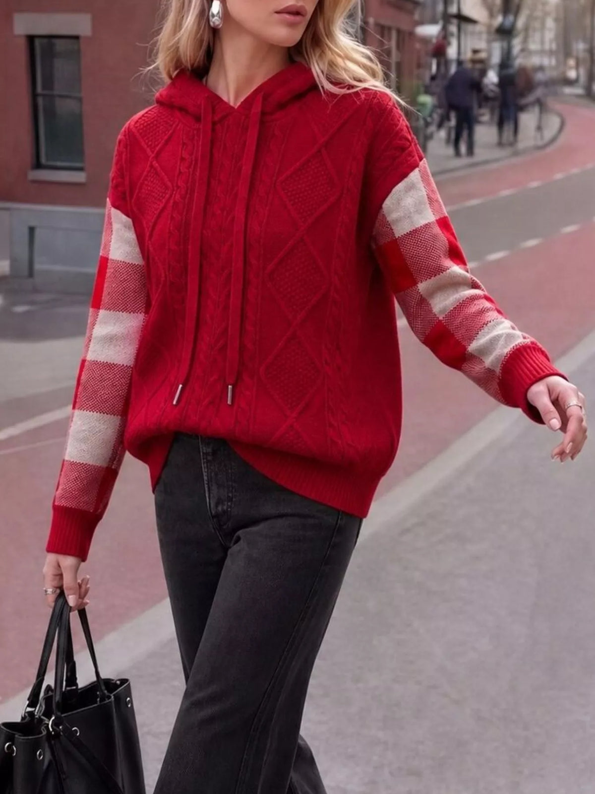 Trendsi Cable-Knit Plaid Sleeves Hooded Sweater -