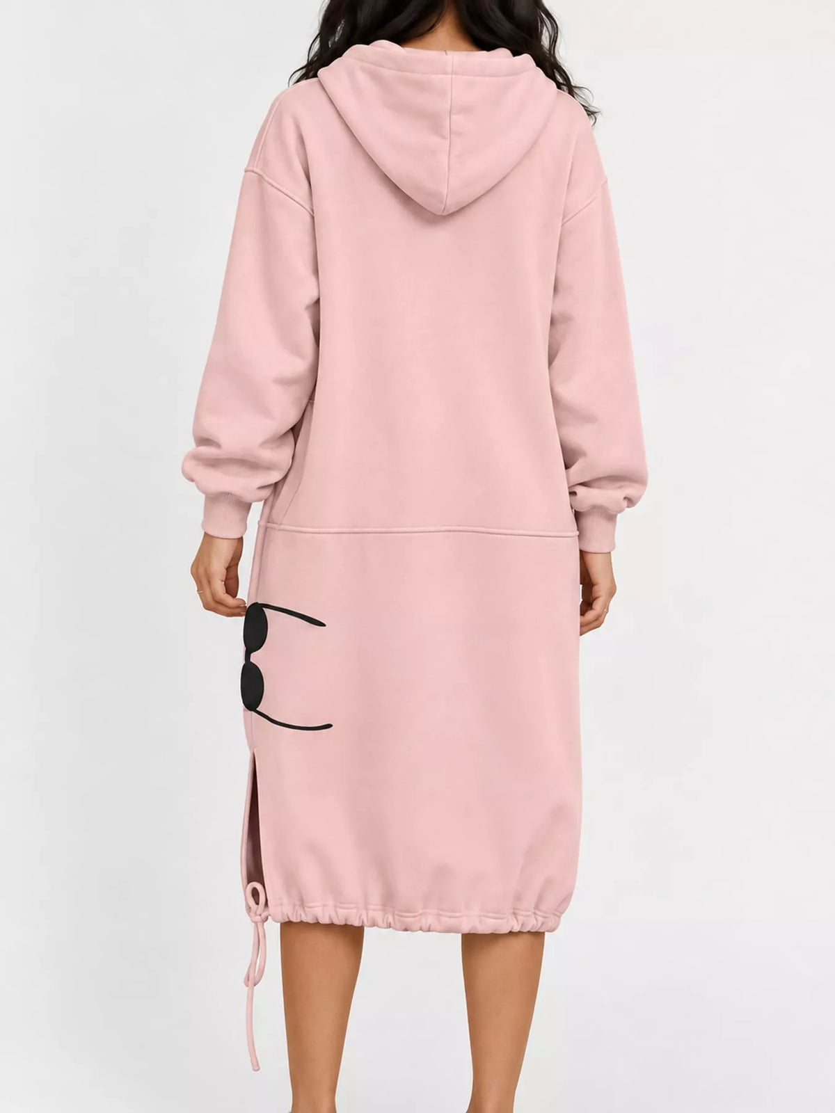 Pink hooded sweatshirt midi dress with drawstring hem, back view