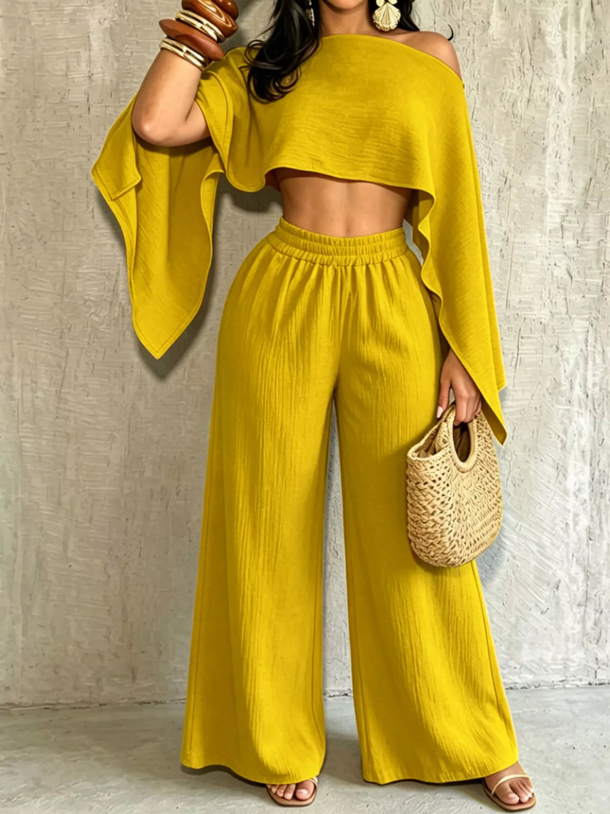 Women's Boat Neck Crop Top and Wide-Leg Pants Set in yellow — front view