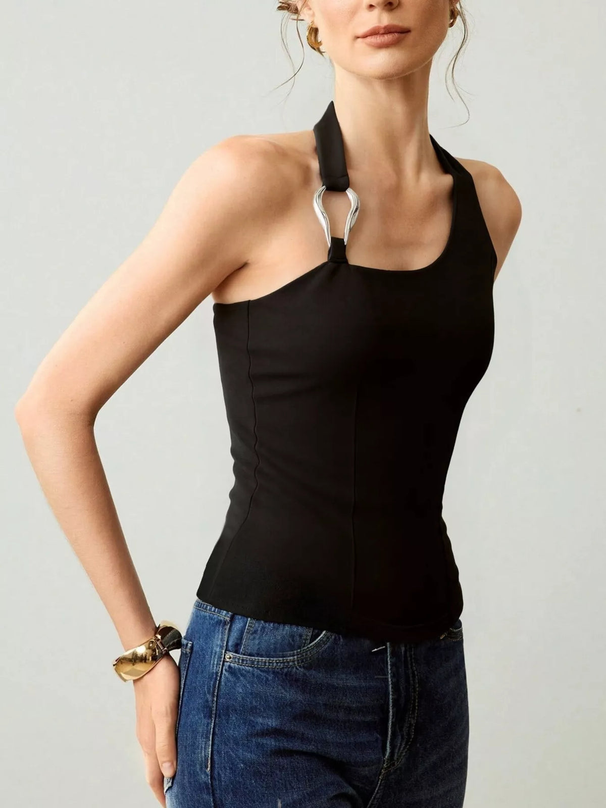 Women's Halter Neck Tank with Metallic Ring Detail in Black, detail view