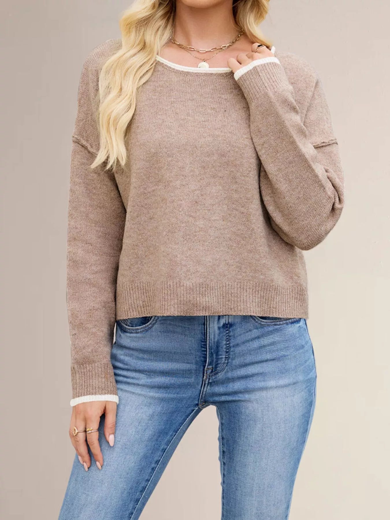 Trendsi Contrast Trim Dropped Shoulder Sweater -