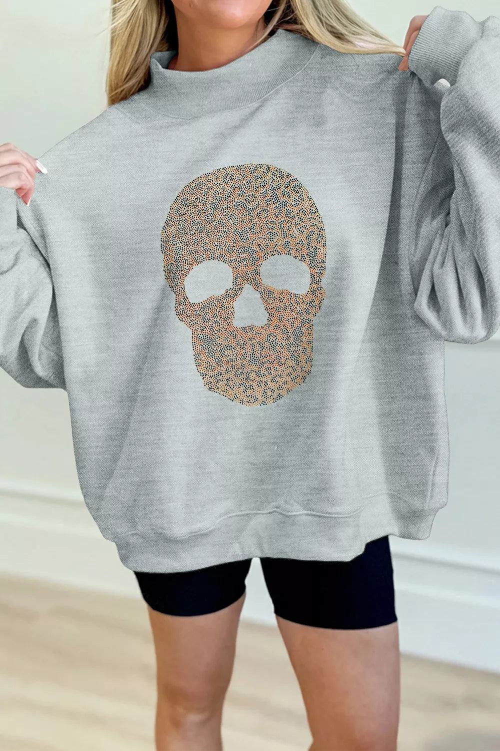 Trendsi Halloween Rhinestone Skull Graphic Mock Neck Baggy Pullover Sweatshirt -