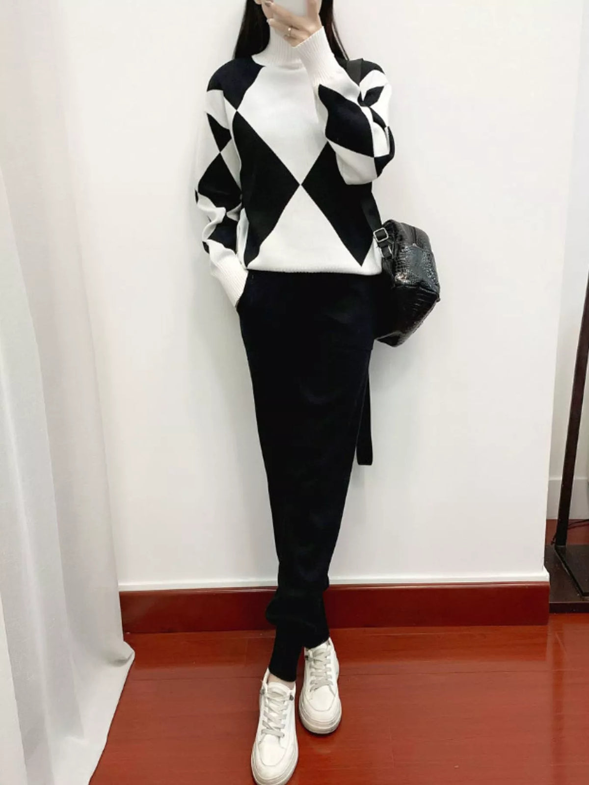 Argyle Pattern Mock Neck Sweater and Jogger Set — front view
