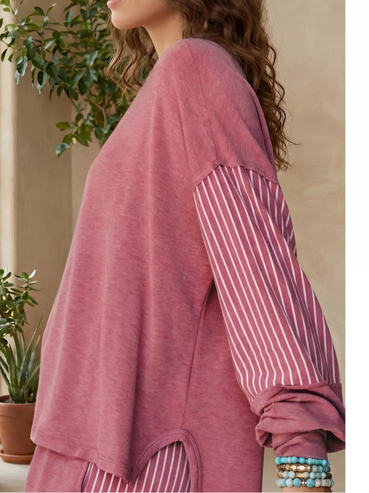 Pink striped boat neck top and wide-leg pants set