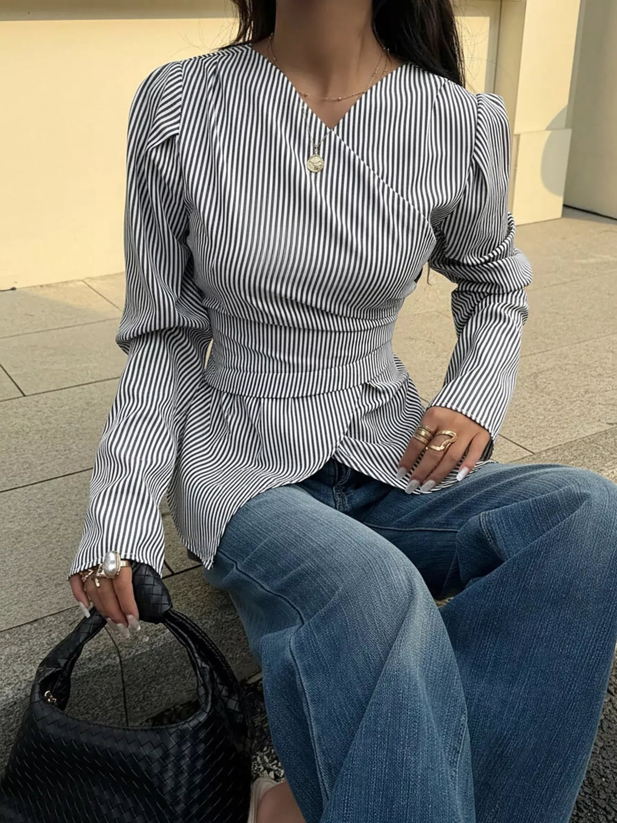 V-neck long sleeve blouse, front view on model