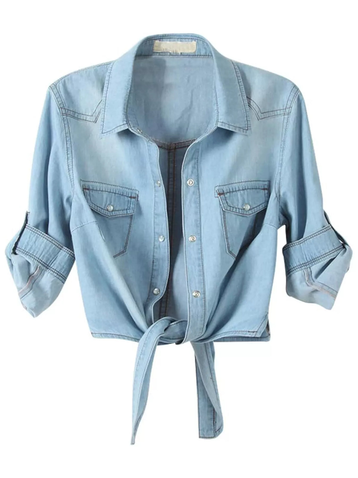 Tie-Front Snap-Button Denim Shirt — garment front