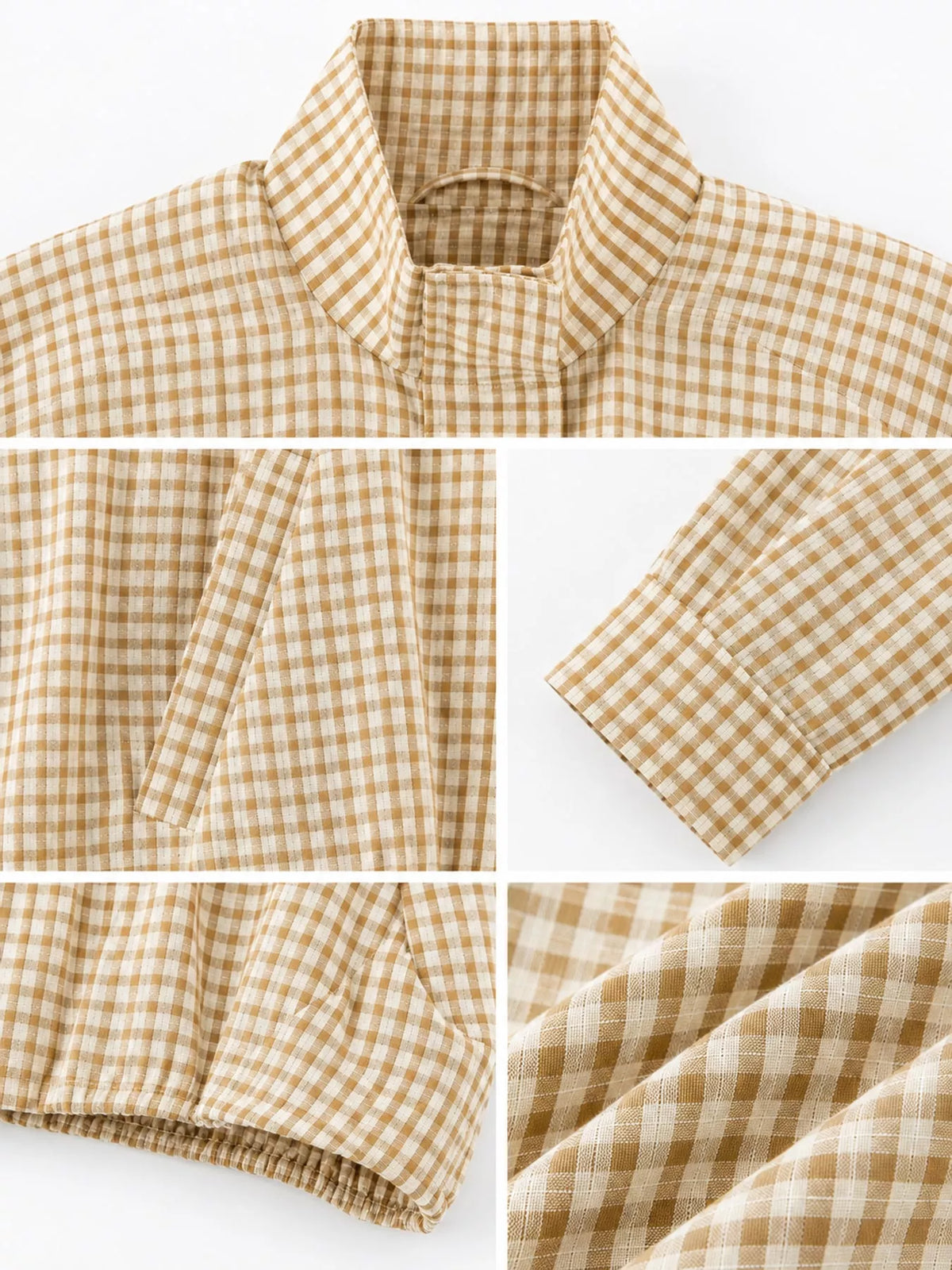 Beige Plaid plaid stand-collar cropped jacket, detail view
