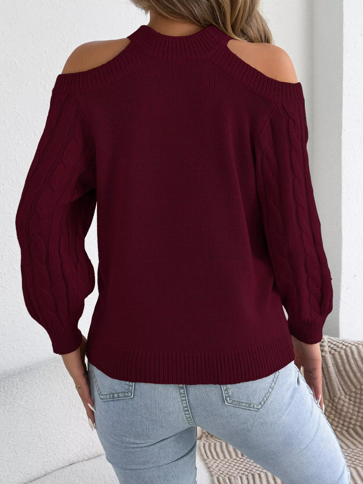 Cold Shoulder Cable Knit Sweater in burgundy, back view