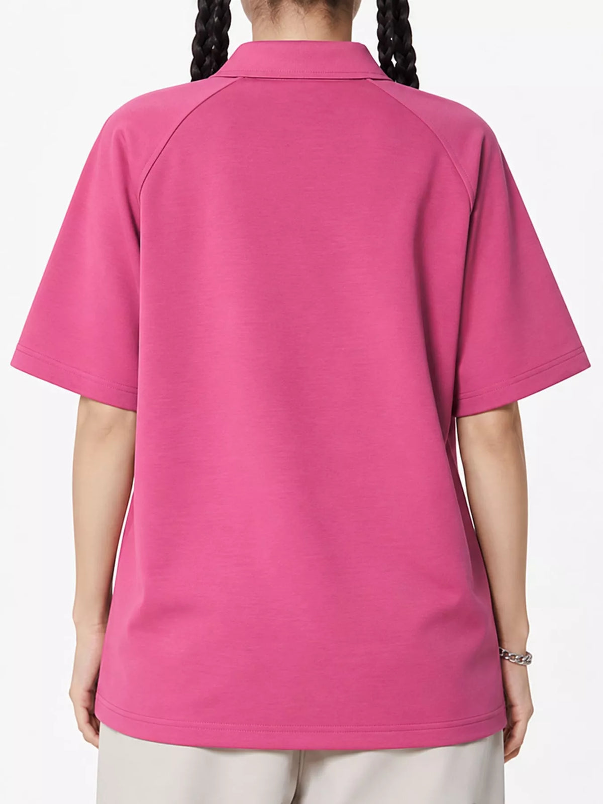 Fuchsia short sleeve polo t-shirt, back view