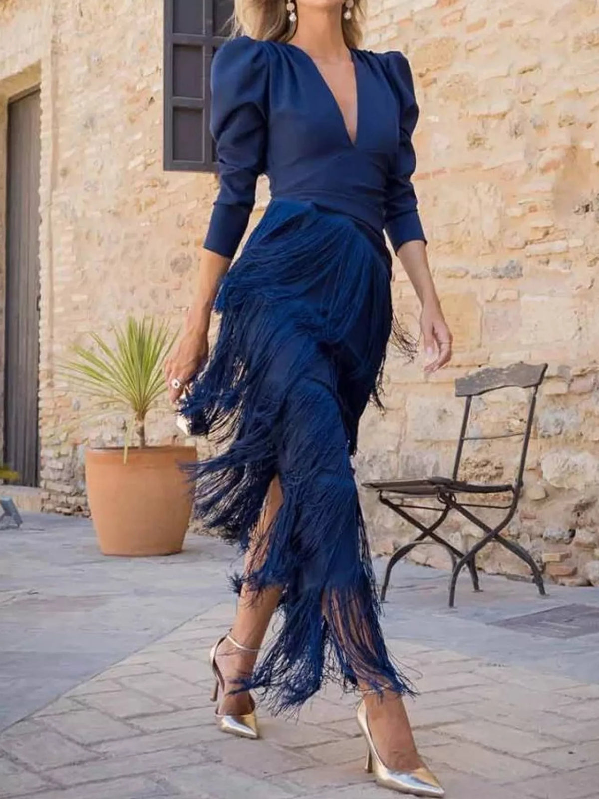 Women's Fringed V-Neck Puff Sleeve Midi Dress in navy — front view