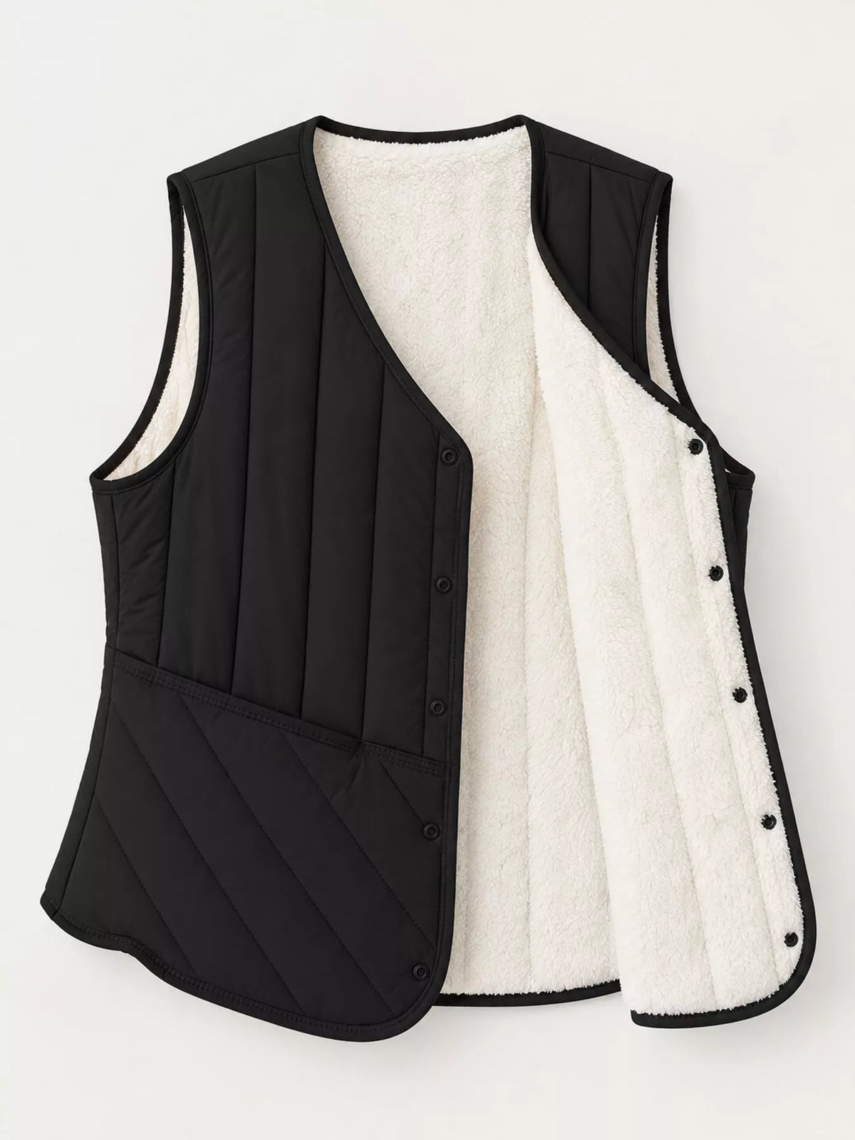 Quilted Button Up Vest in black, front view