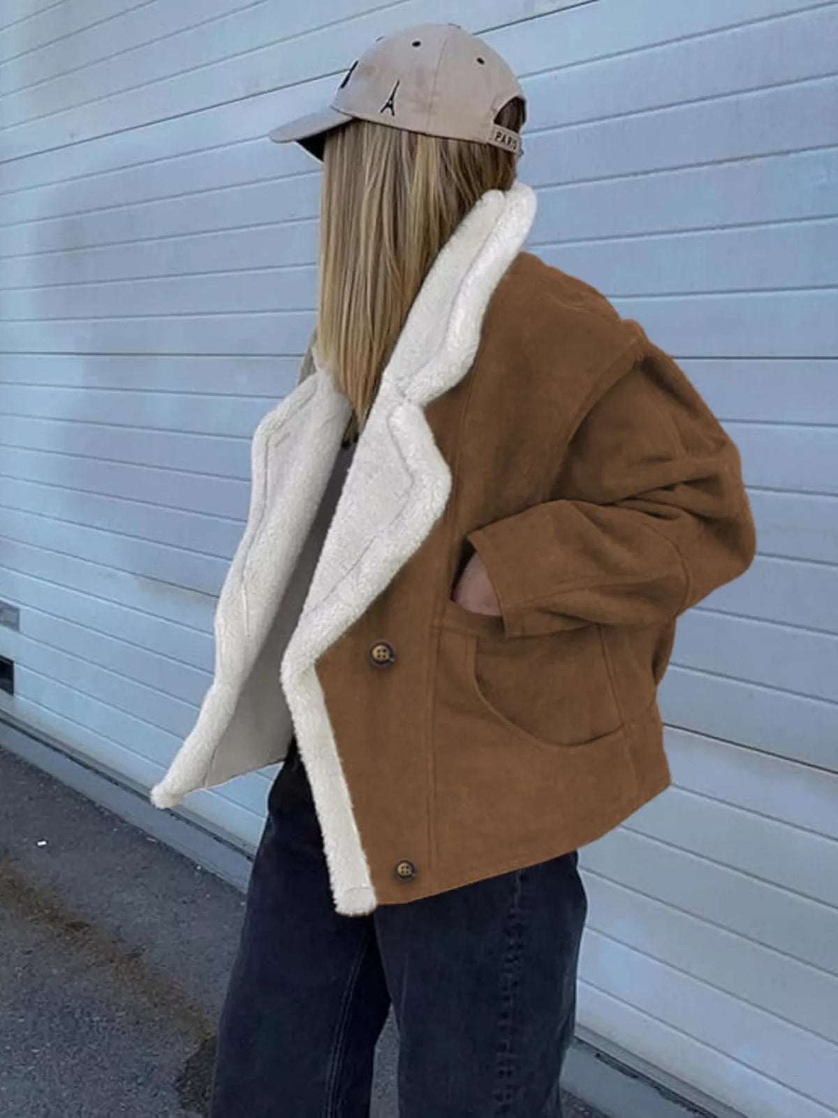 Plush-Lined Double-Breasted Jacket in camel, back view