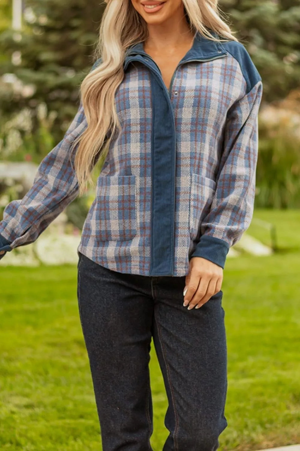 Trendsi Plaid Corduroy Patchwork Collared Zip Up Snap Button Jacket -
