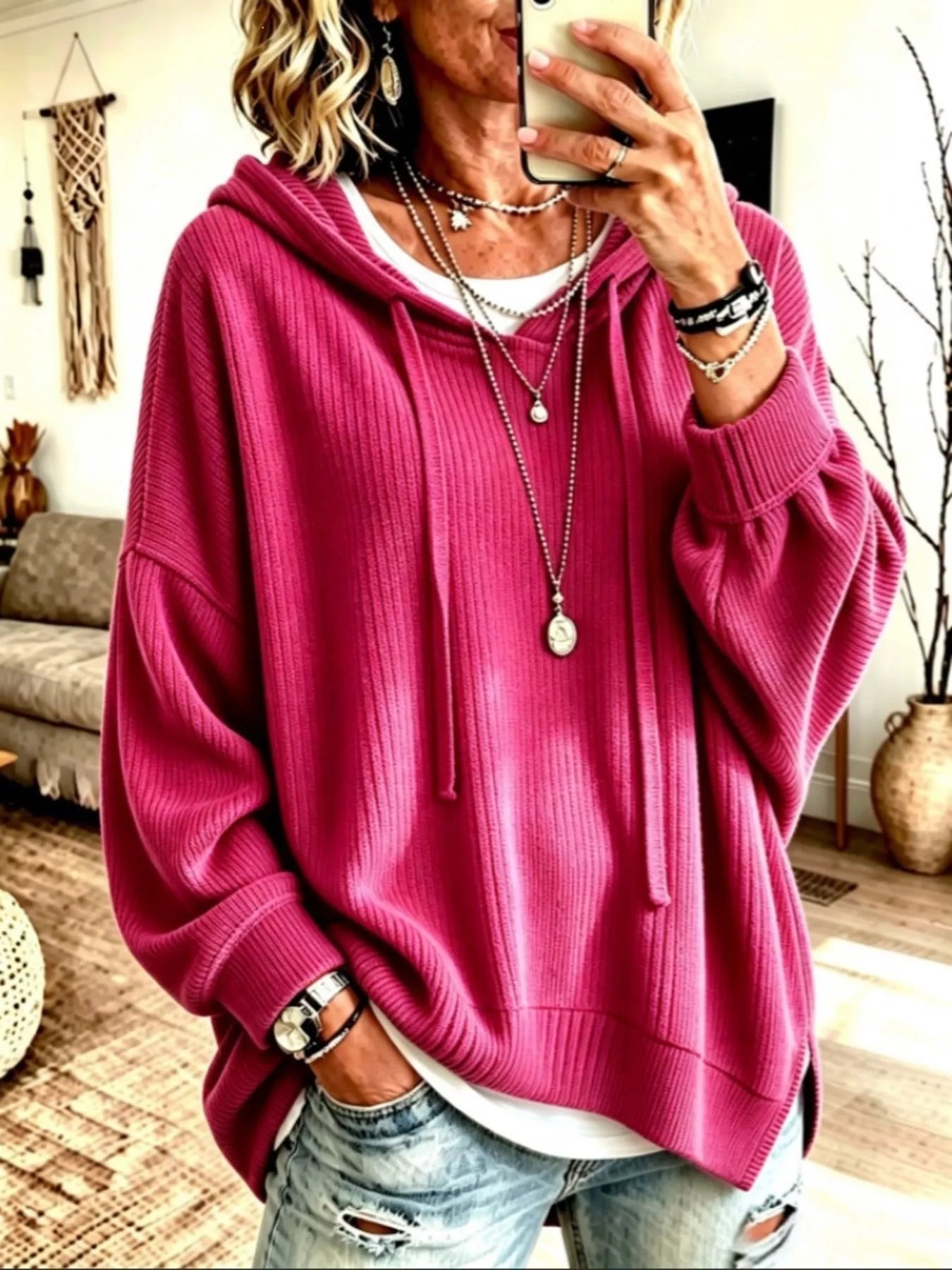 Trendsi Drawstring Ribbed Knit Hoodie -