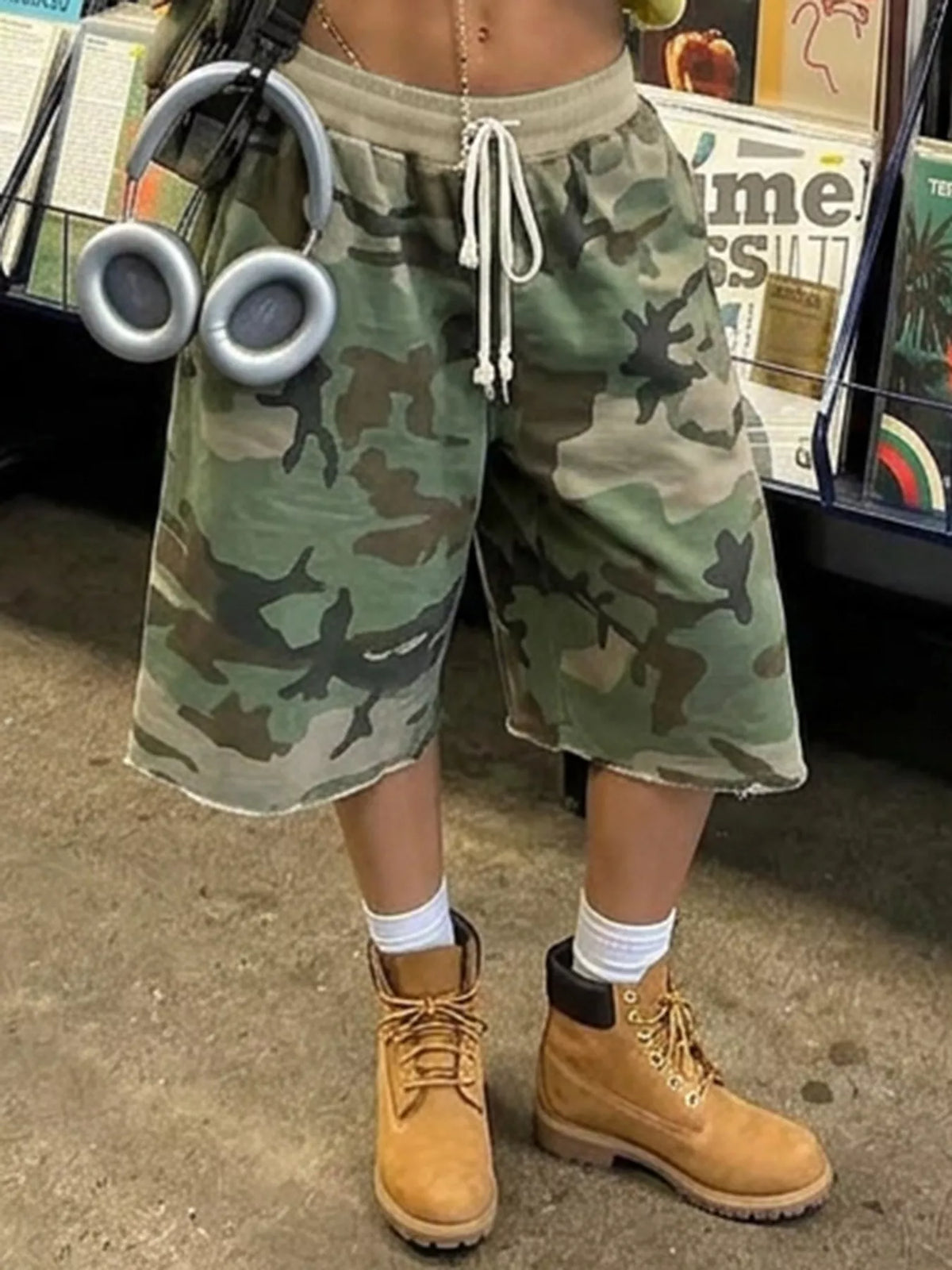 Camouflage Drawstring Shorts in green, front view