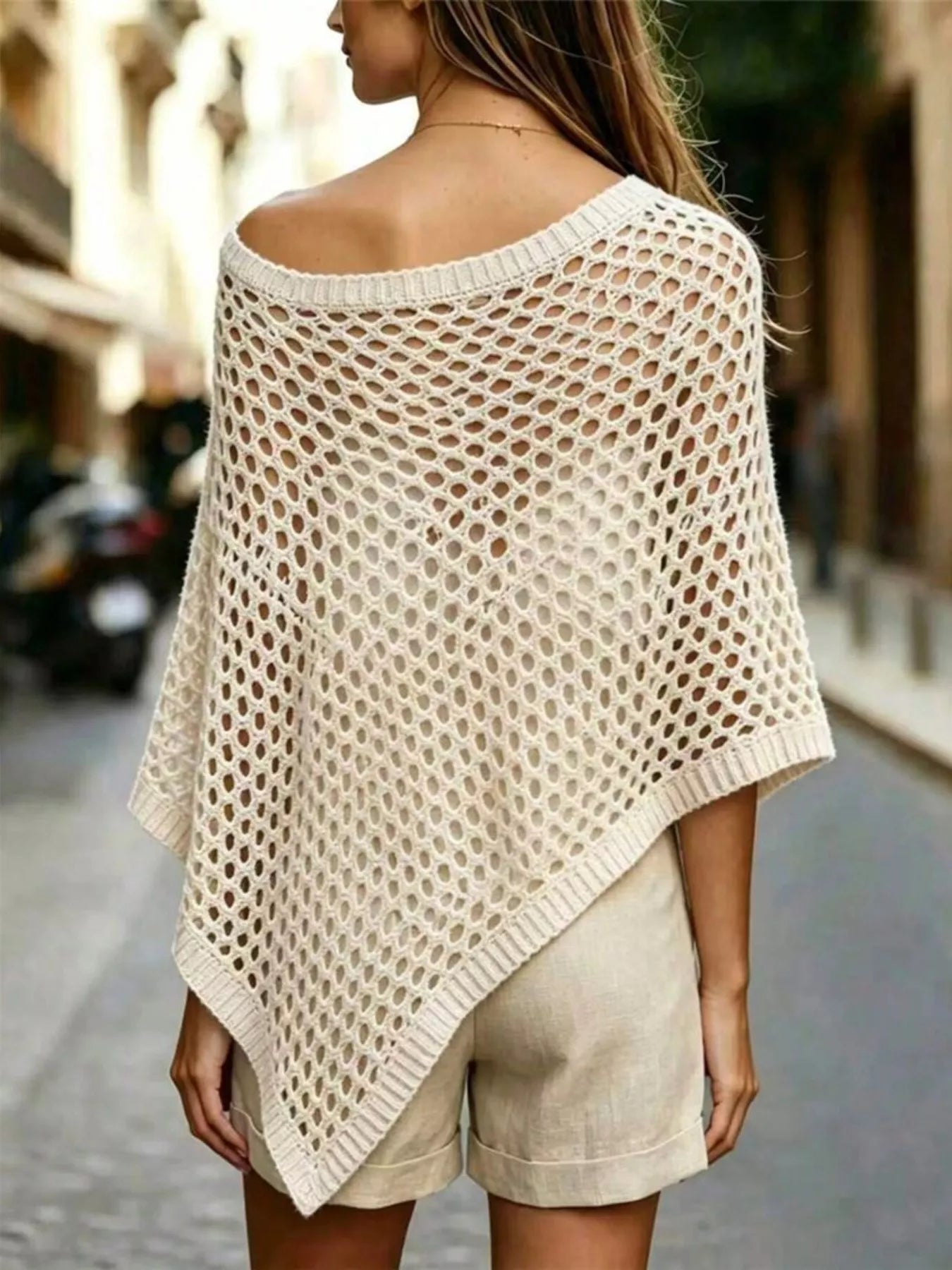 Trendsi Sheer Crochet Poncho Knit Cover Up -