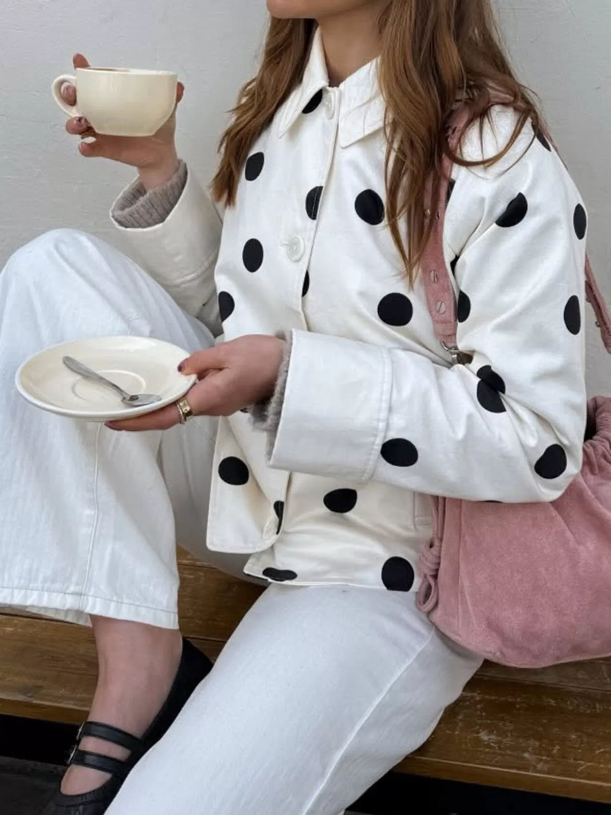 Polka Dot Button-Down Jacket in white, front view