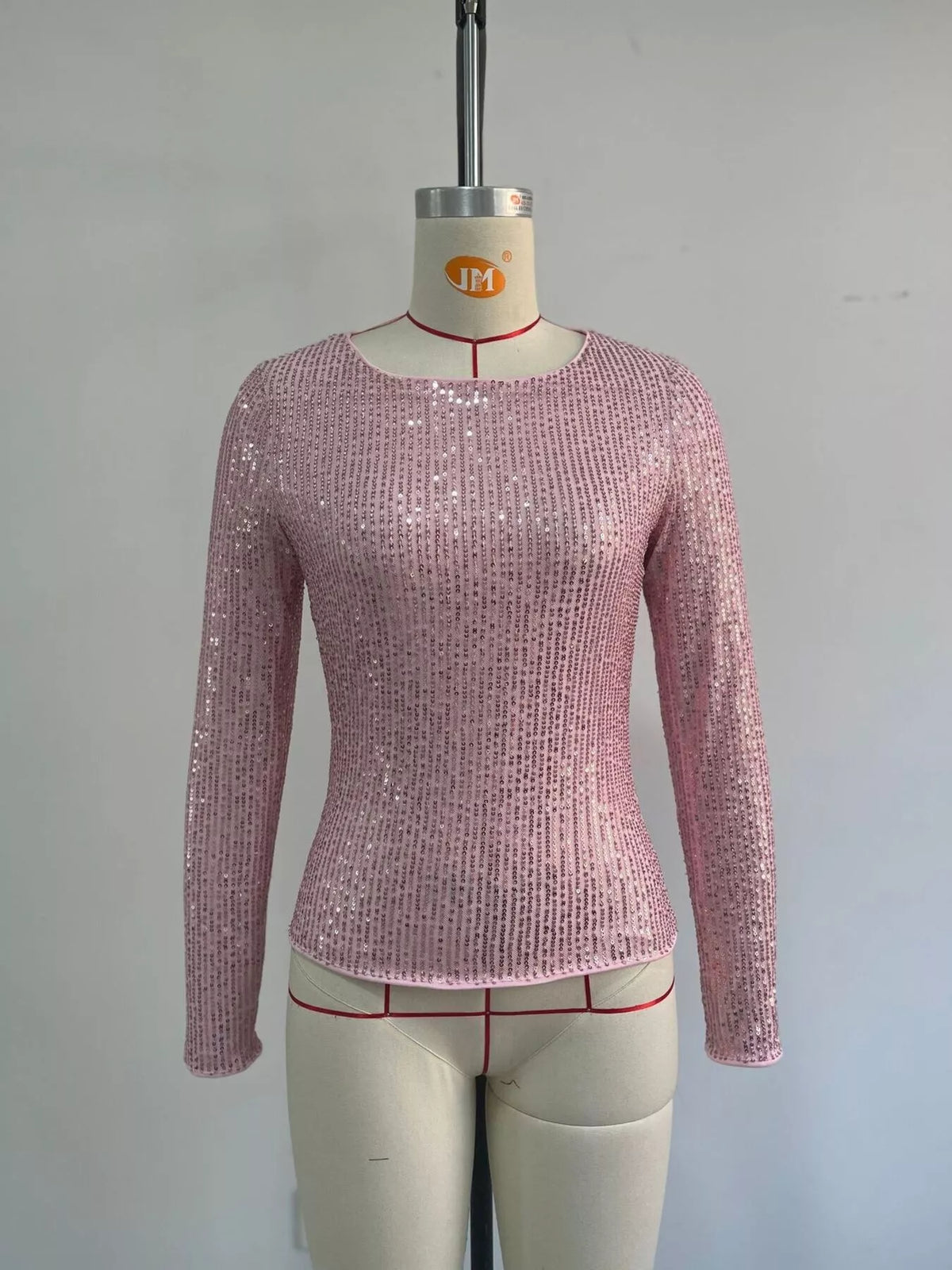 Pink sequin long sleeve crop T-shirt, front product view