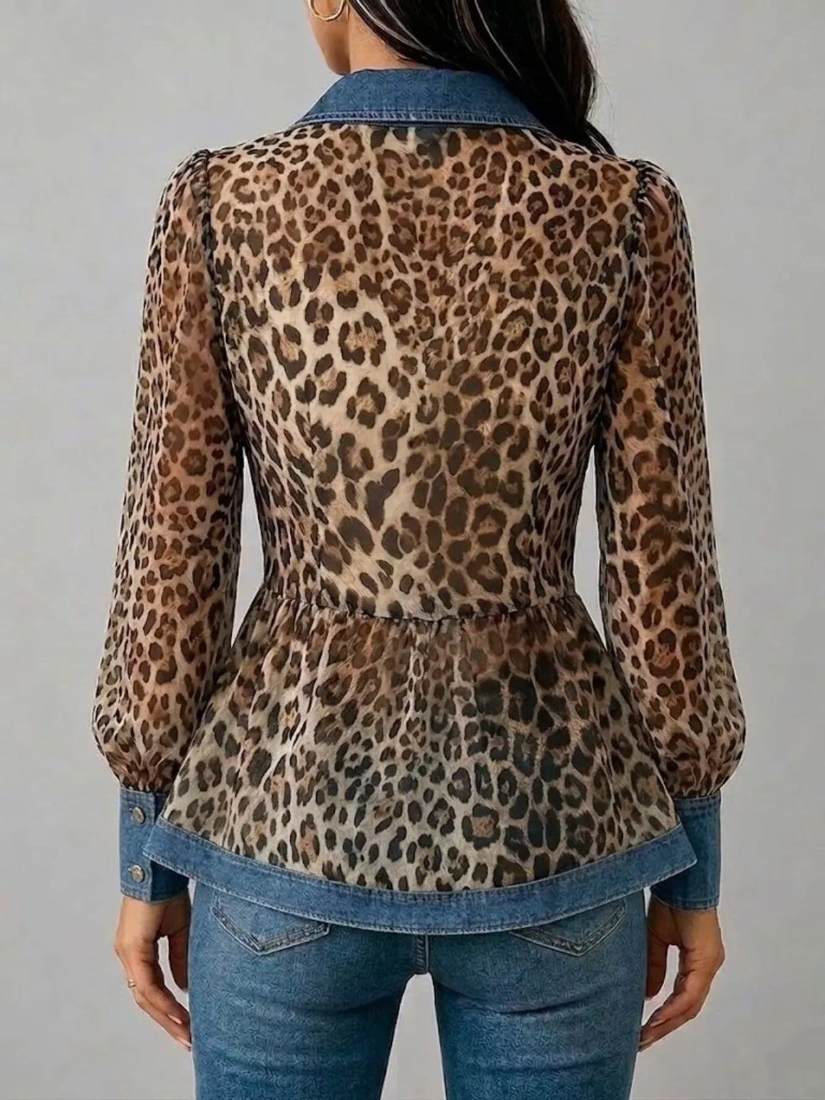Brown and blue leopard shirt with contrasting trim, back view