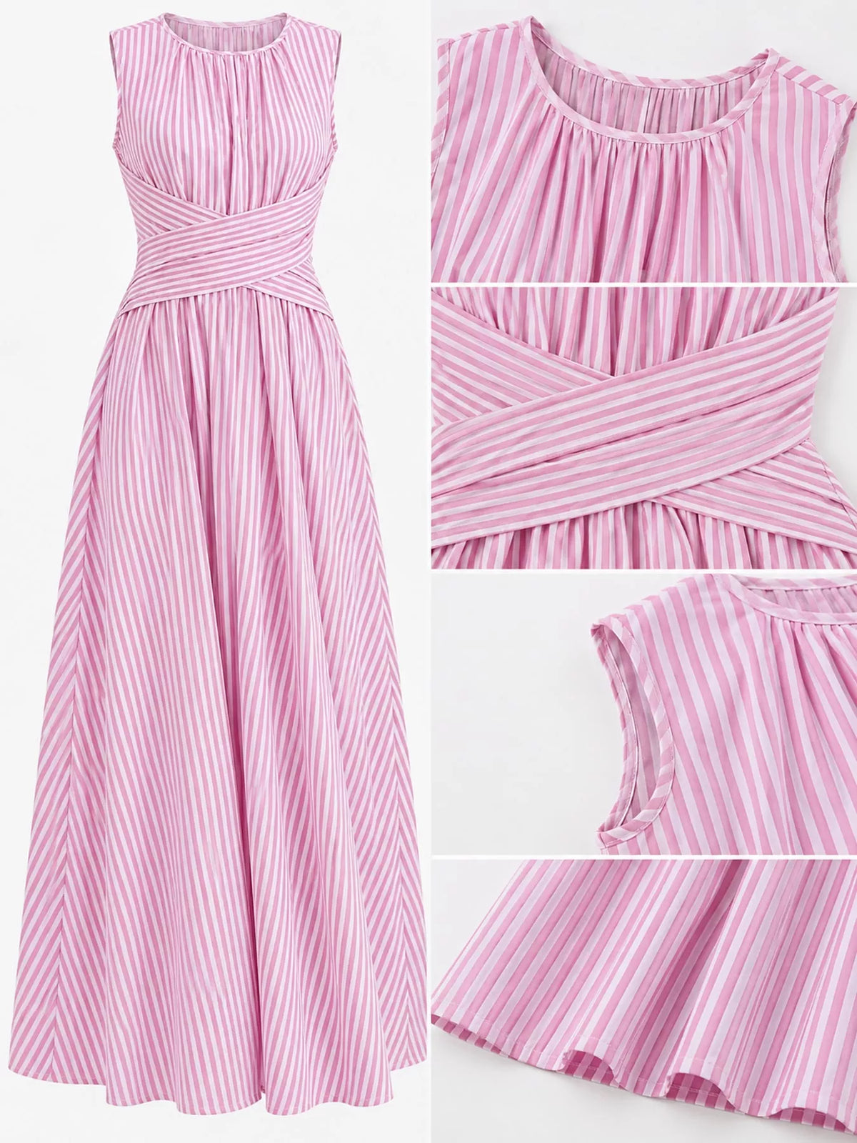 Women's Sleeveless Striped Maxi Dress with Criss-Cross Waist Detail in pink striped — detail collage view