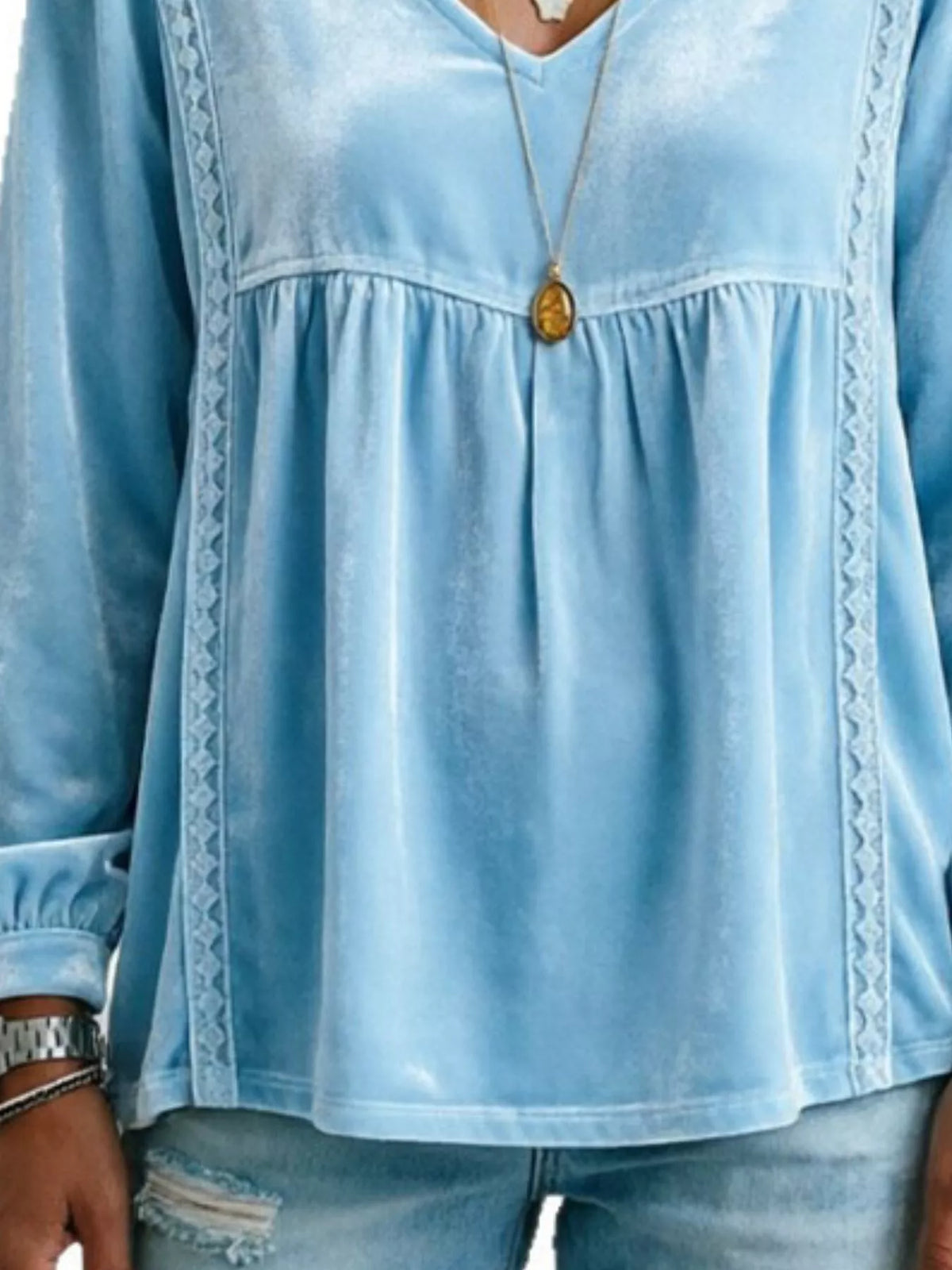 Women's V-Neck Long-Sleeve Velvet Blouse with Lace Trim — detail view
