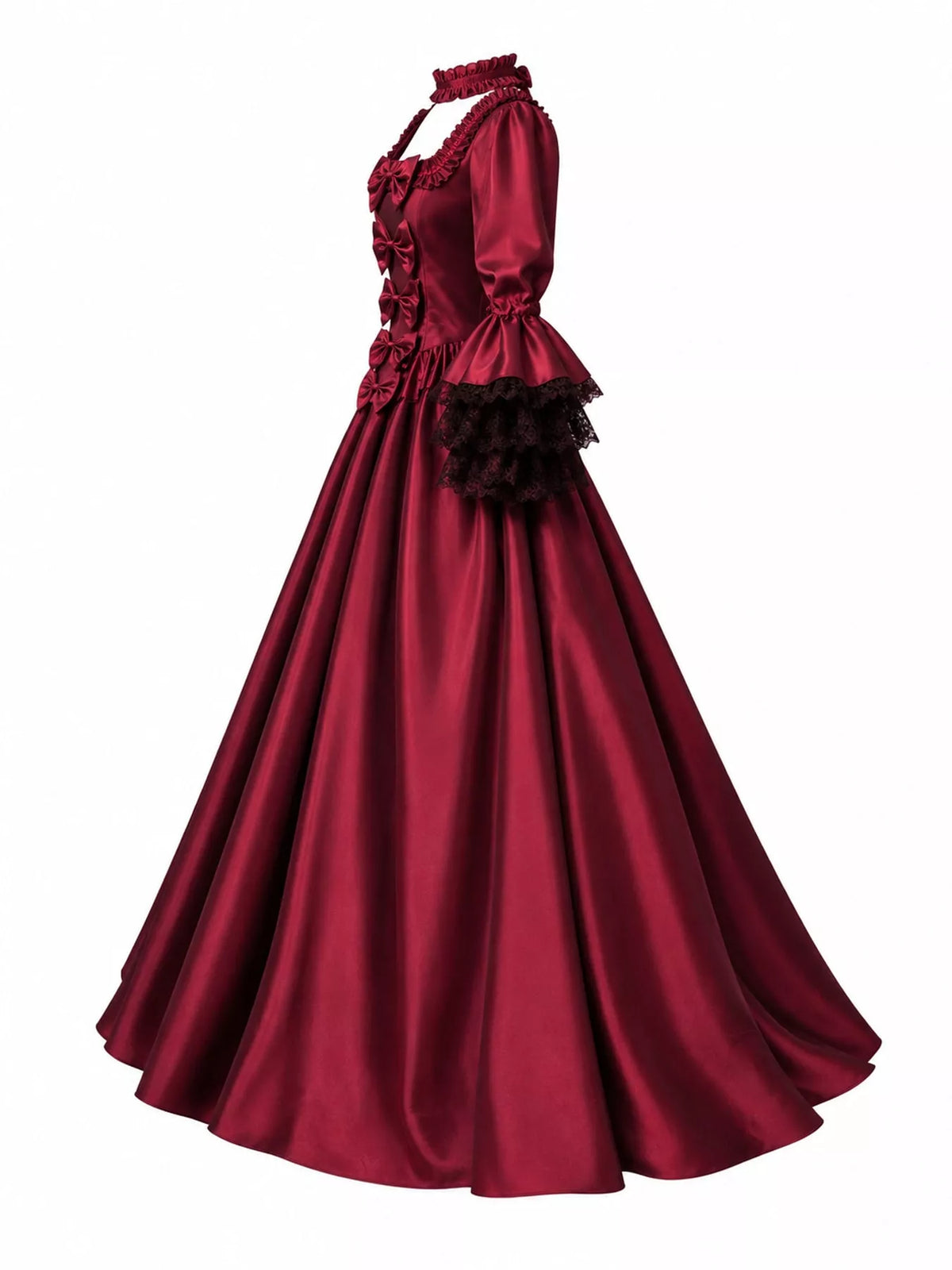 Victorian Gothic Satin Ball Gown Dress with Bow Accents in burgundy