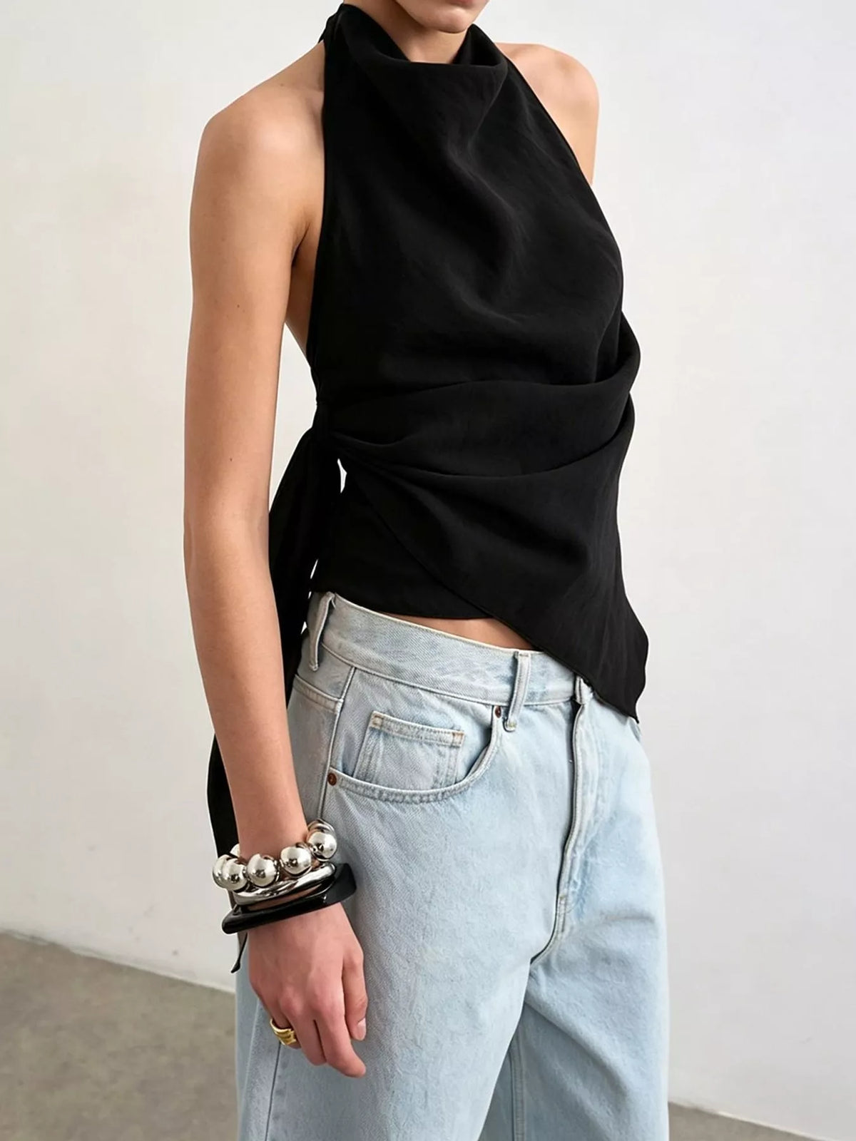 Halter Neck Draped Tank Top in black