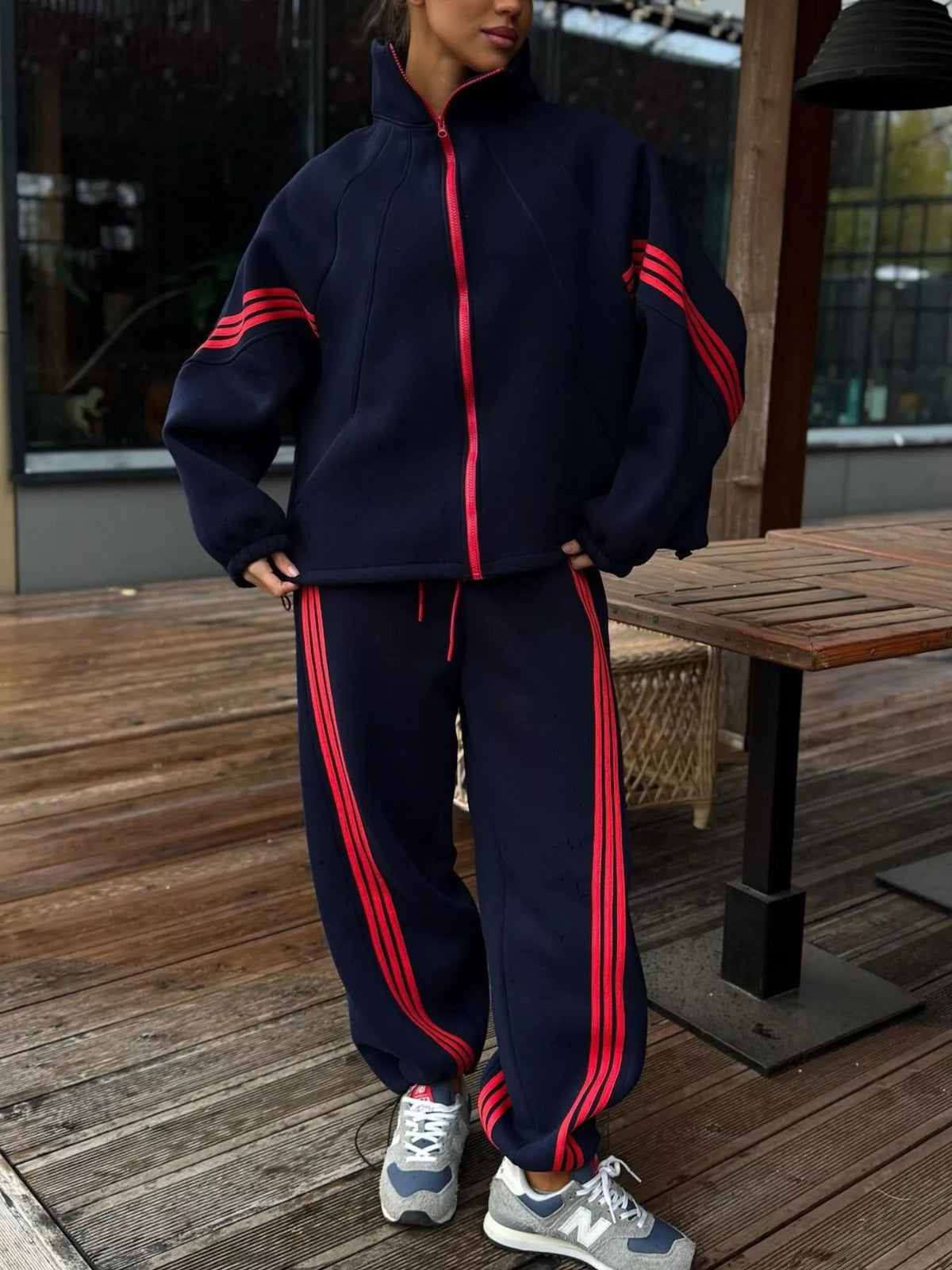 Trendsi Contrast Striped Zip Up Top and Pants Set -