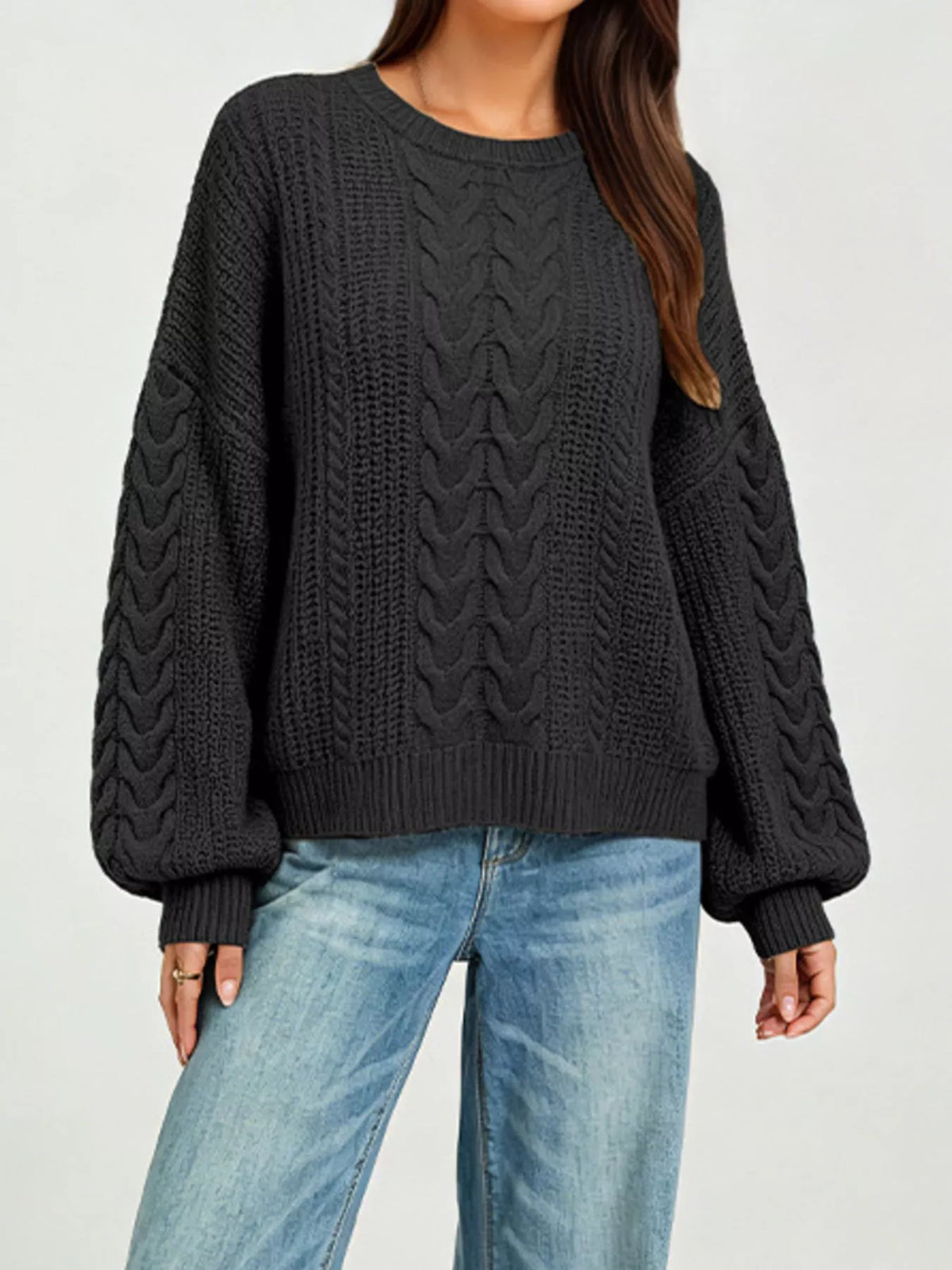 Trendsi Chunky Cable Knit Round Neck Sweater -