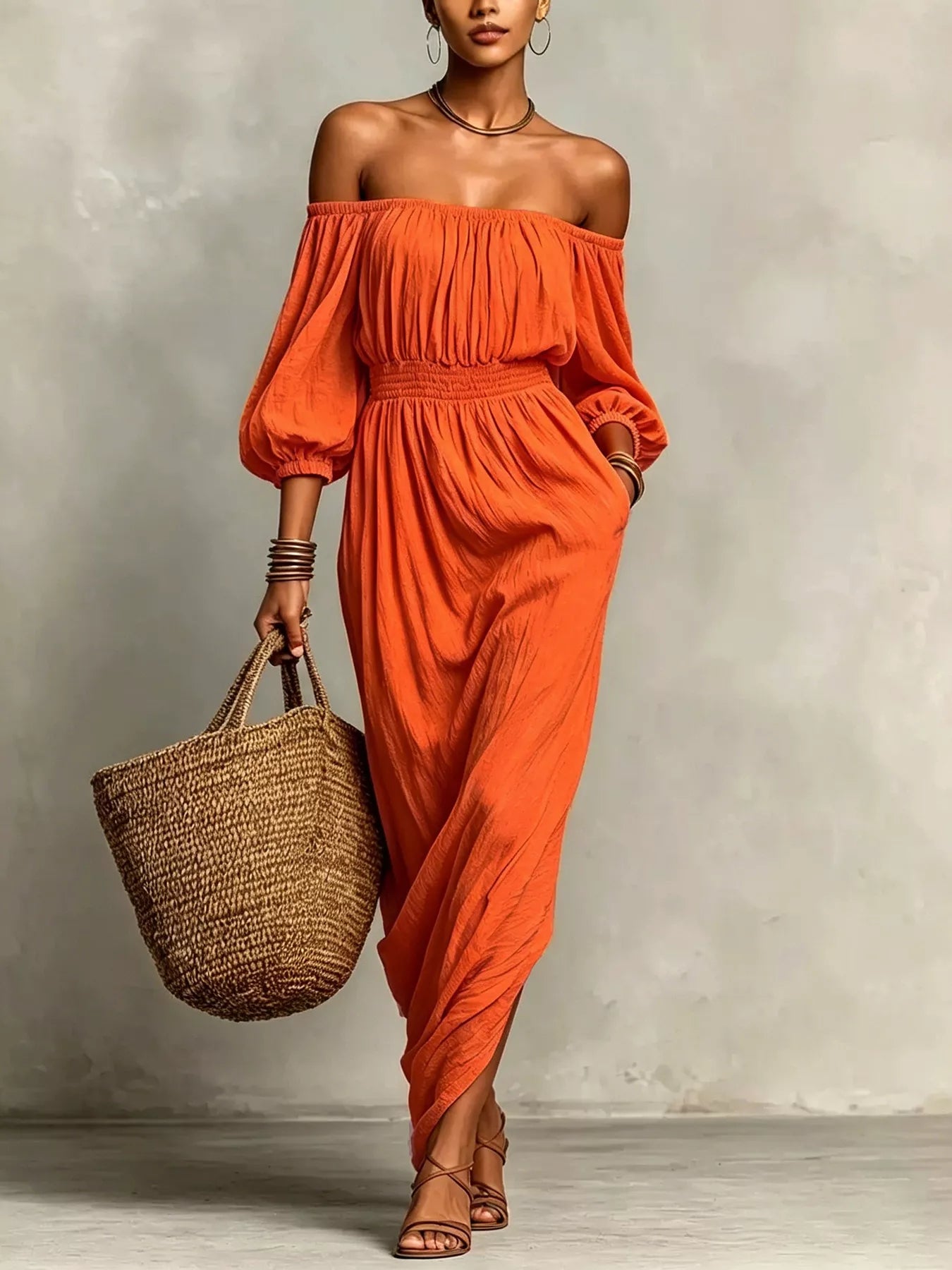 Trendsi t Off-Shoulder Smocked Waist Maxi Dress -