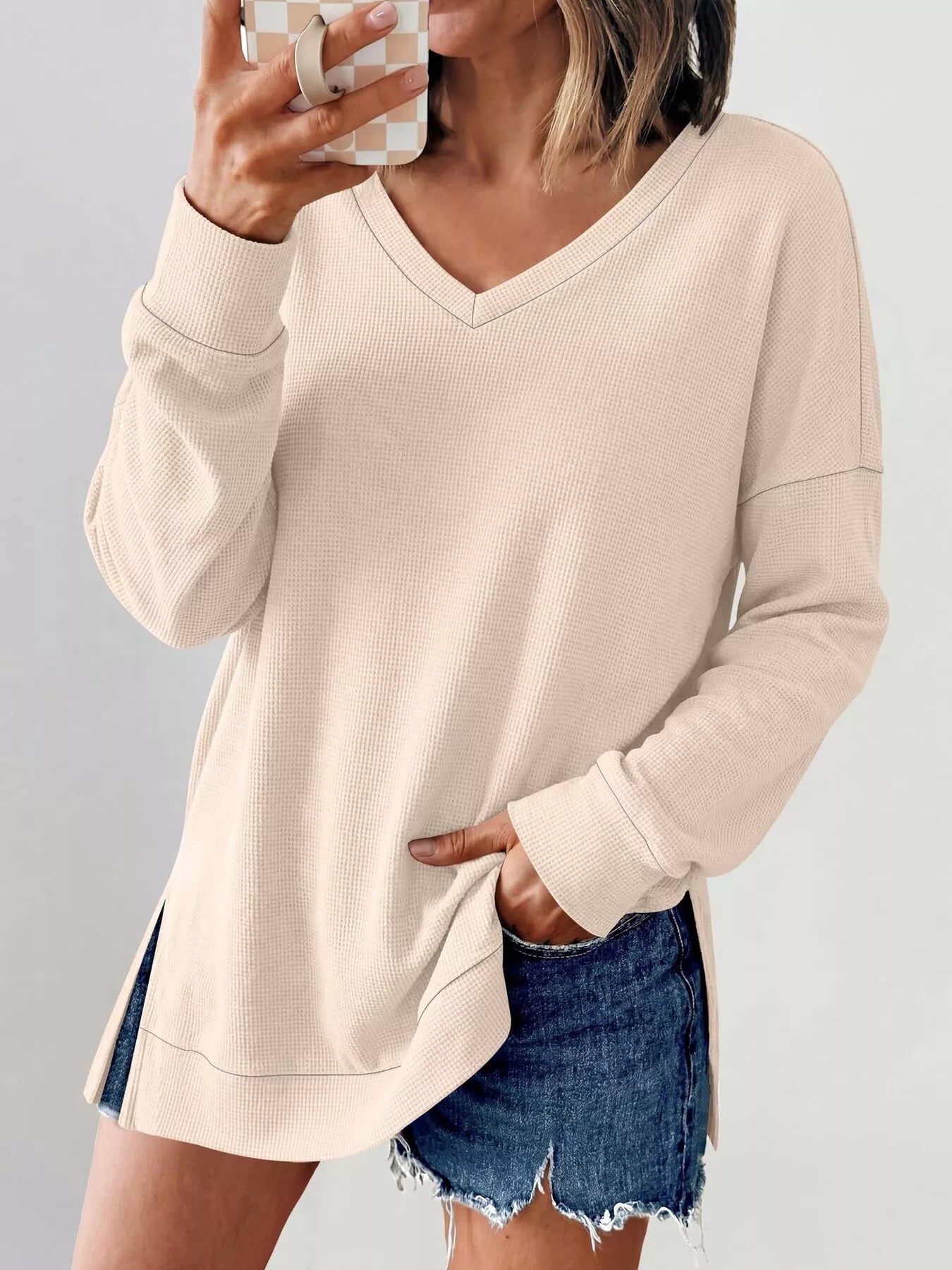 Trendsi Side Slit Waffle Knit V-Neck T-Shirt -