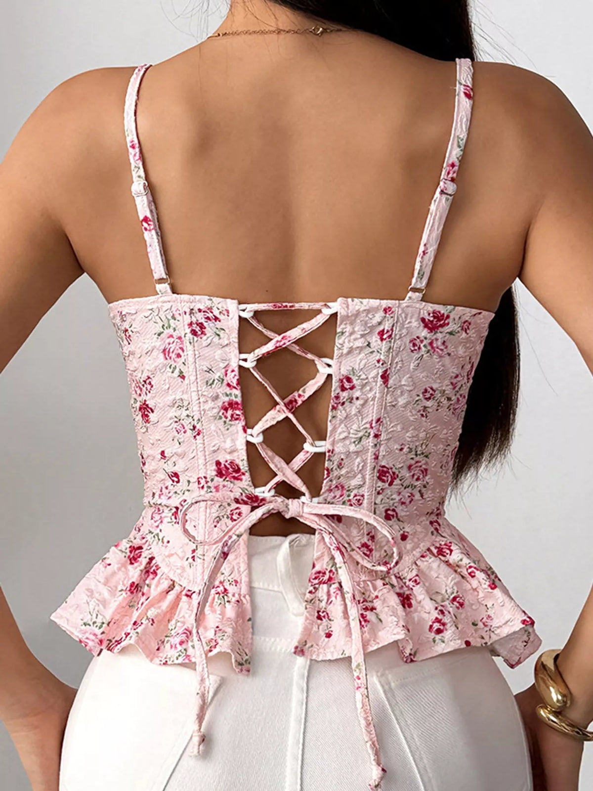 Pink lace up back floral print cami, back view
