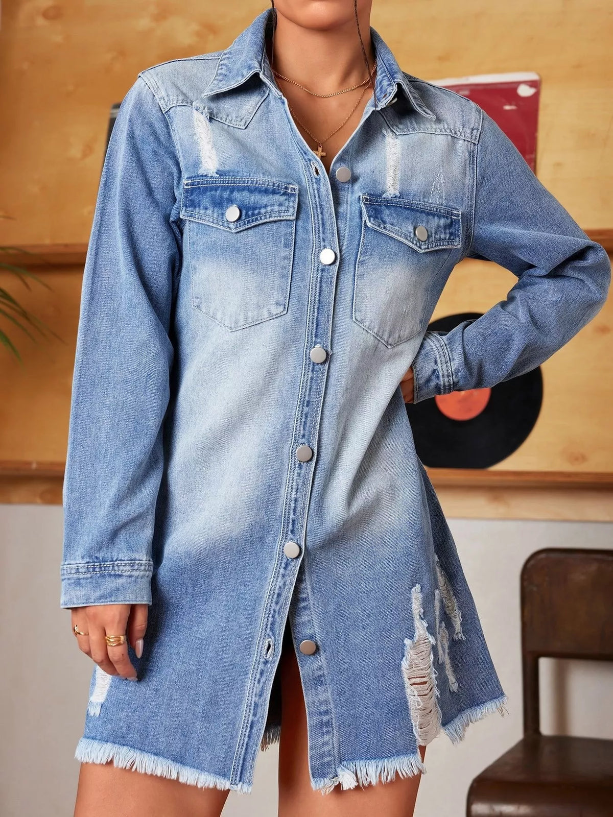 Light Blue distressed frayed hem longline denim jacket