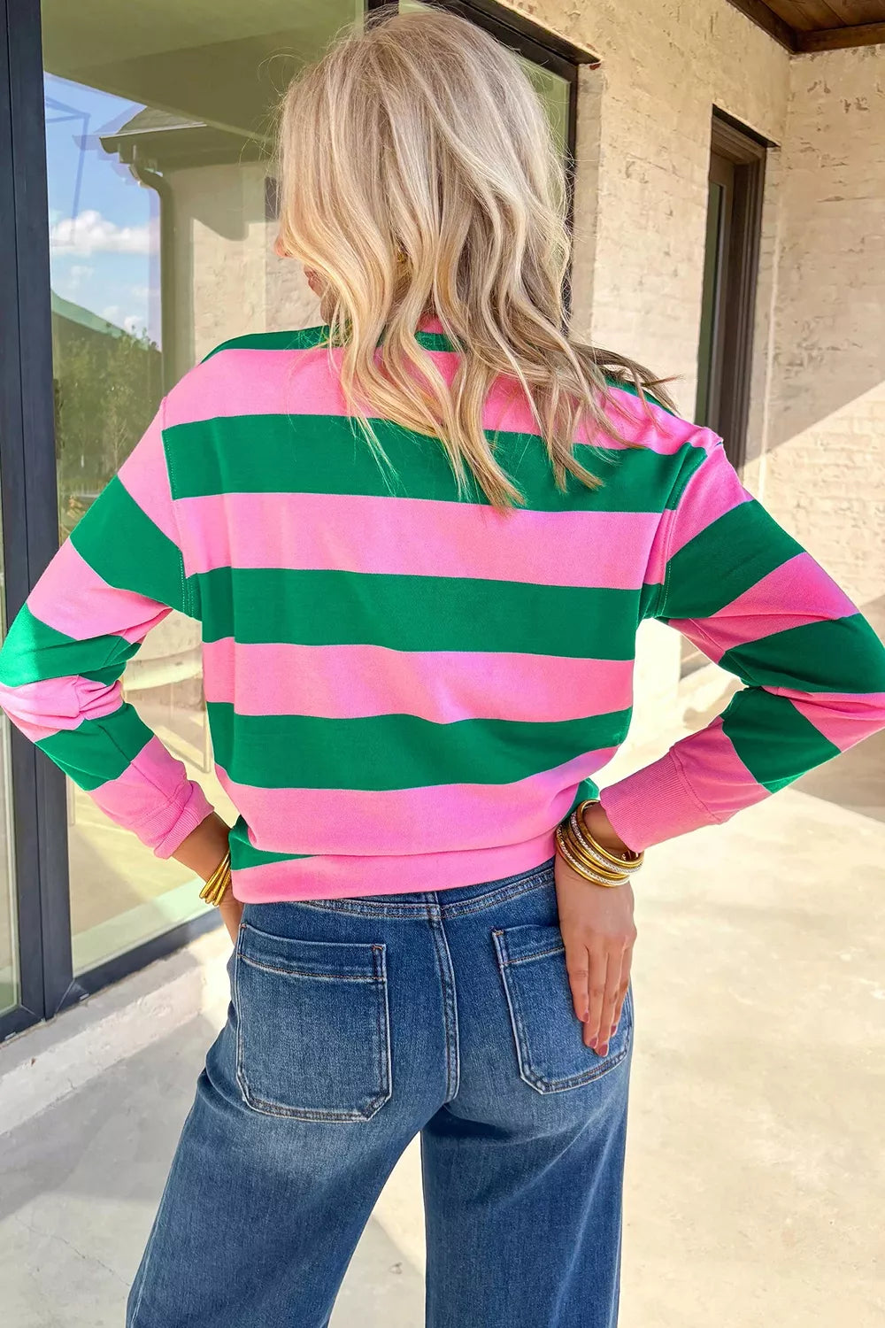 Trendsi Stripe holly jolly Letter Embroidered Pullover Sweatshirt -