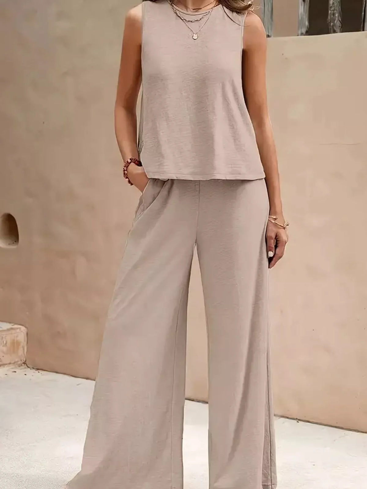 Sleeveless Tank Top and Wide-Leg Pants Set — front view