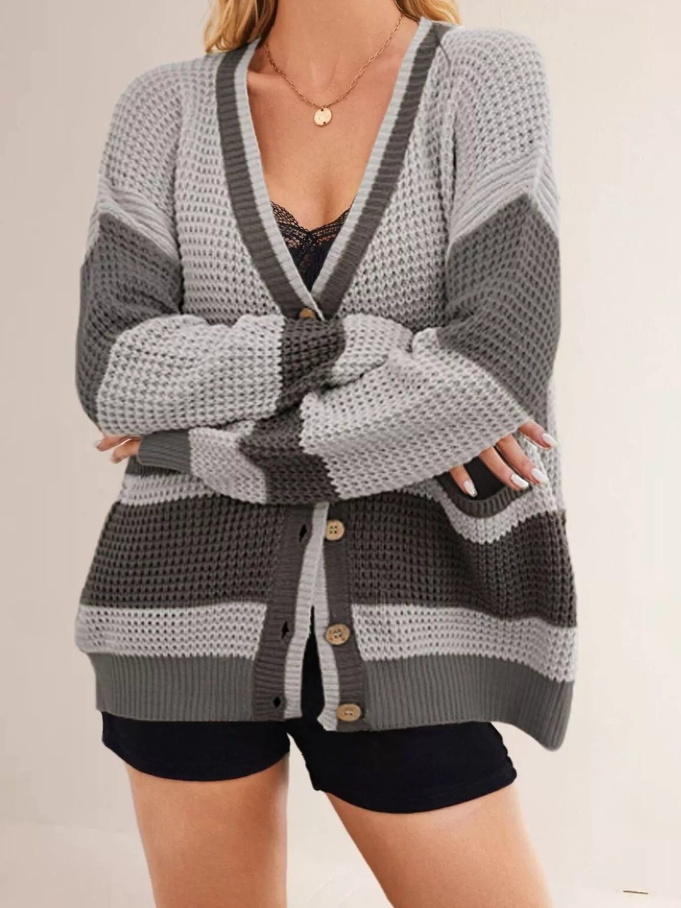 Trendsi Color Block V-Neck Cardigan -