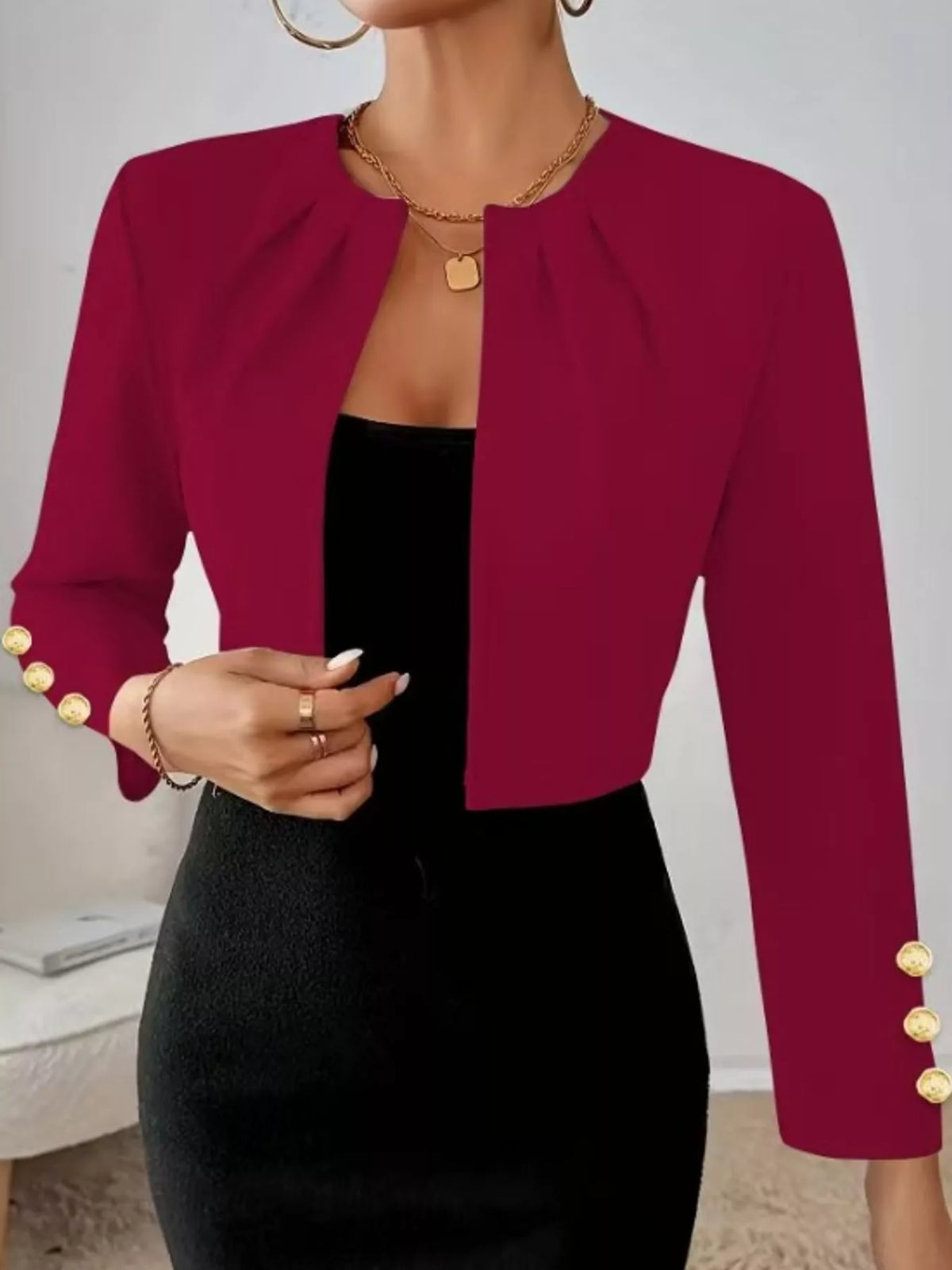 Round neck long sleeve blazer, front view on model